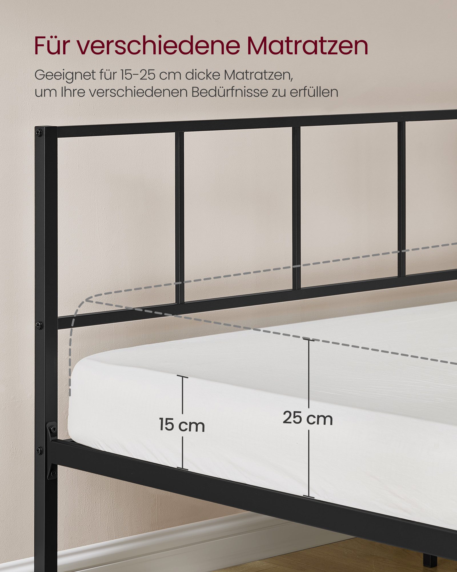 VASAGLE Bettgestell Metallbettgestell mit Kopfteil und Aufbewahrungsregalen, moderner (mit Kopfteil, mit 2 Ablagen), Doppelbettgestell, 160 x 200 cm, für Gästez – Bild 5 von 5