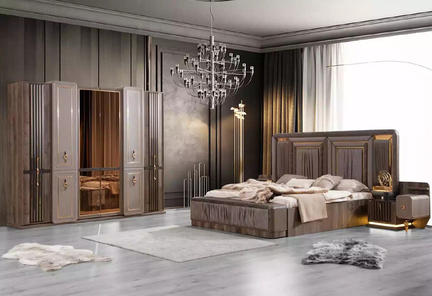 Nachttische Set Nachttische), Doppelbett Luxus, Europa Made (4-St., Schlafzimmer in JVmoebel Schlafzimmer-Set Grau Bett/Bank/2x Garnitur Bett