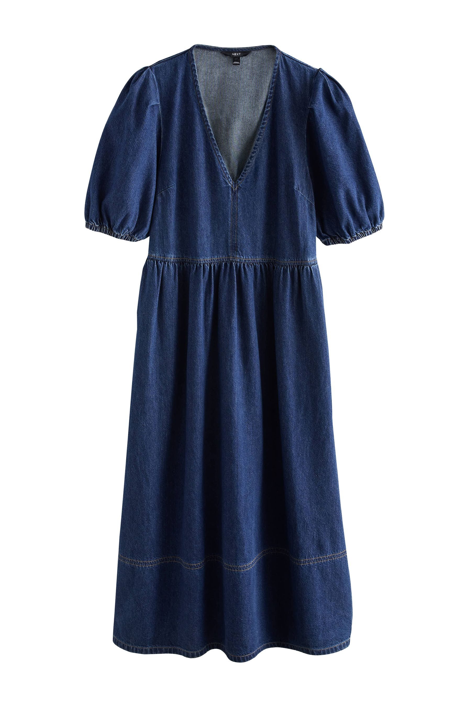 Next Maxikleid Maxi-Jeanskleid mit Puffärmeln und V-Ausschnitt (1-tlg)