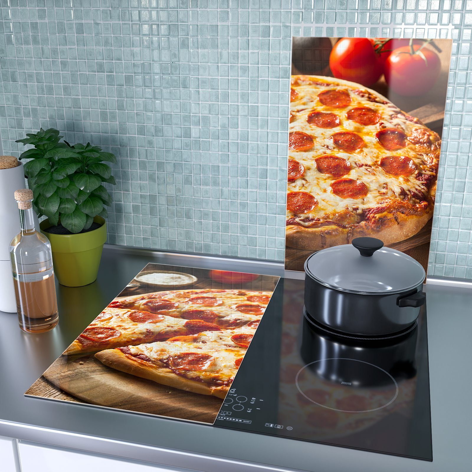 Holzplatte, auf Pizza Primedeco Glas Glas, tlg) Spritzschutz Herdabdeckplatte (2 Herd-Abdeckplatte aus
