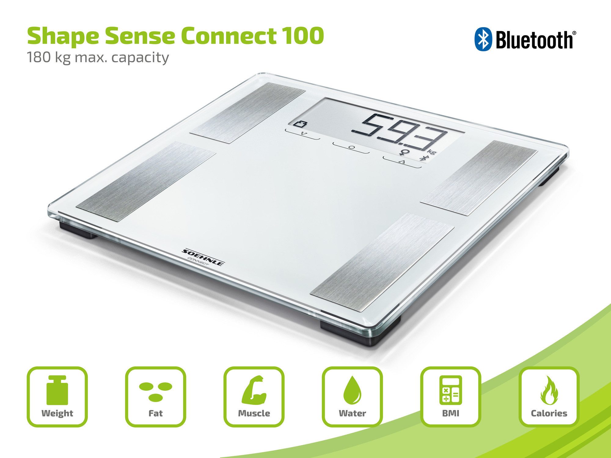 Soehnle Personenwaage Shape Sense Connect 100 mit Bluetooth®, 1-tlg., Körperanalyse(BIA), Kalorienbedarf, BMI Berechnung, bis 180kg