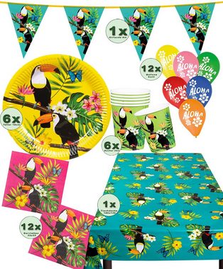 Karneval-Klamotten Einweggeschirr-Set Party Set Hawaii Tukan 25 Tlg Wimplekette Ballons, Partygeschirr Pappteller Pappbecher Servietten