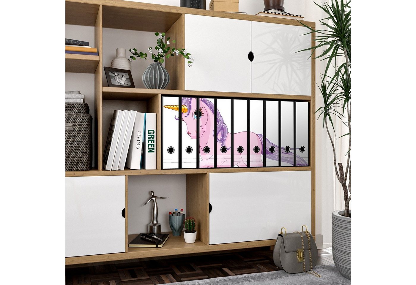 Thumbnail - Wallario Etiketten Einhorn in rosa mit Schweif in lila, Ordnerrücken-Sticker in verschiedenen Ausführungen