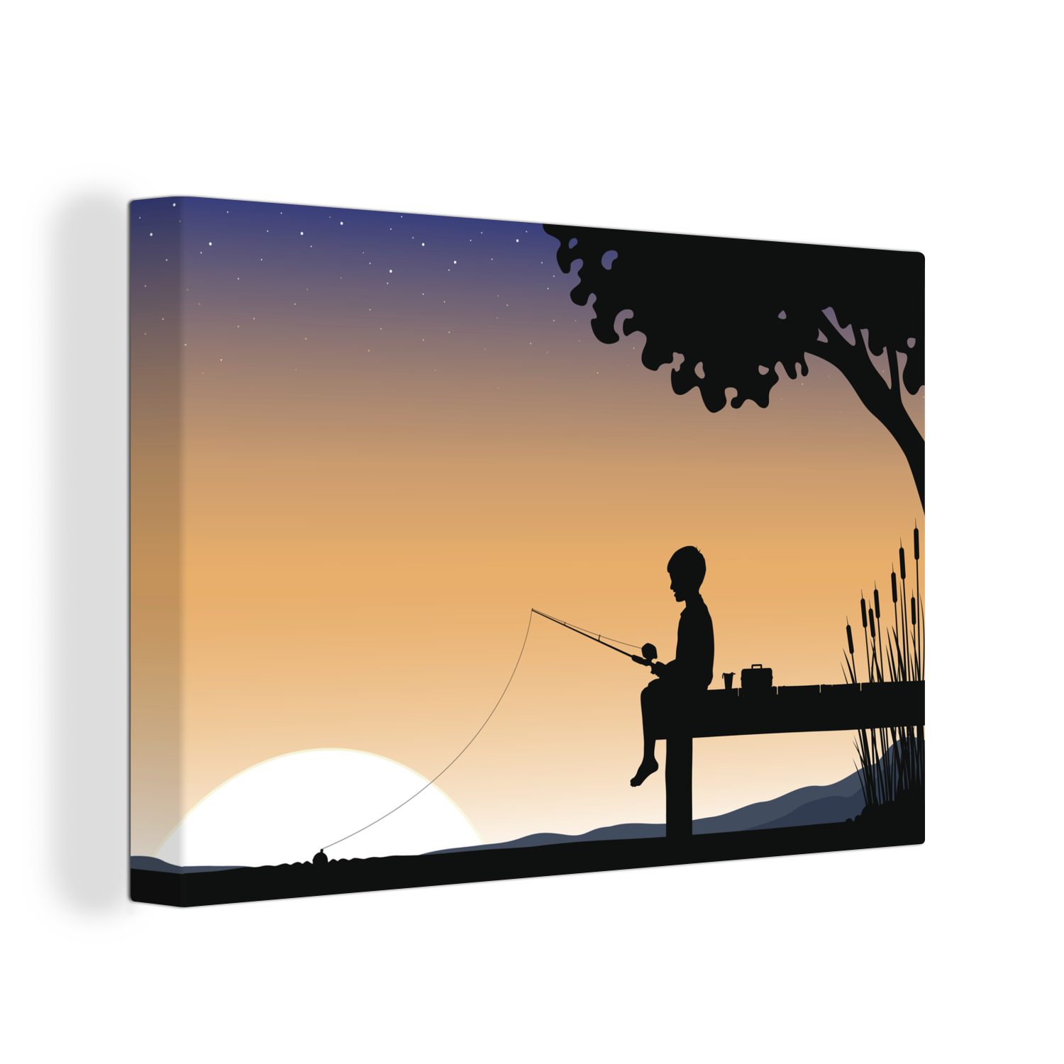 OneMillionCanvasses® Leinwandbild Illustration eines Jungen beim Fischen auf einem Steg, (1 St), Wandbild Leinwandbilder, Aufhängefertig, Wanddeko, 30x20 cm