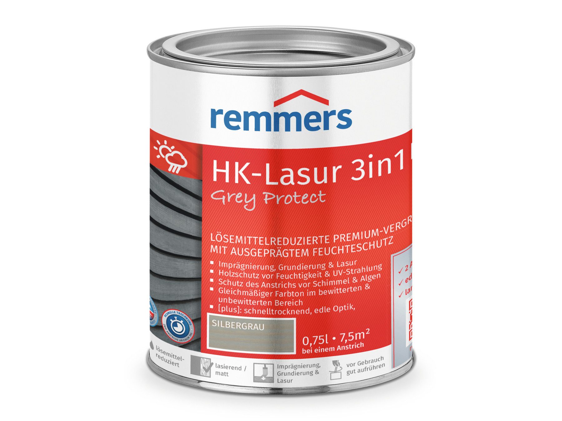 Holzschutzlasur HK-Lasur 3in1 Grey Protect [plus] anthrazitgrau matt 0,75 Liter