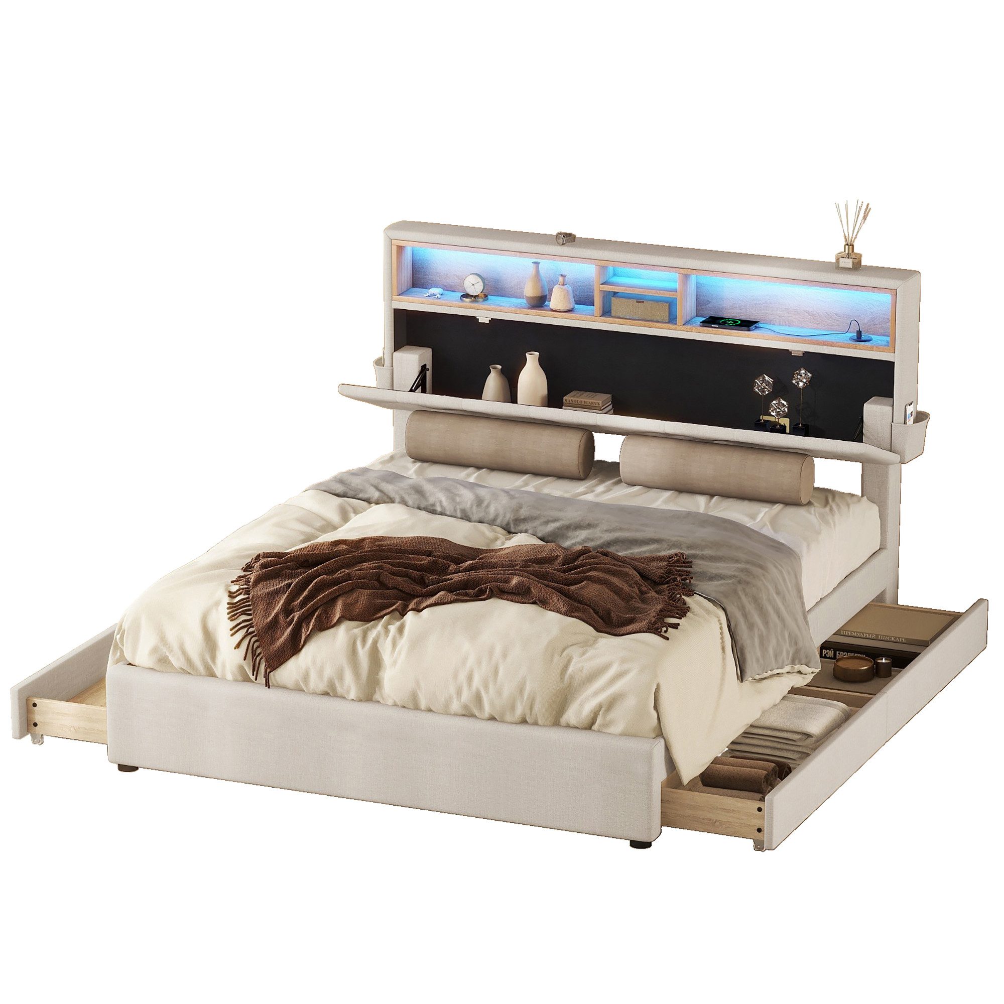 REDOM Polsterbett LED Doppelbett USB Steckdose Schubladen (Funktionsbett mit vier Schubladen, verstellbares Kopfteil, mit USB-Aufladung und LED-Beleuchtung), mit aufladen USB und LED-Beleuchtung,ohne Matratze