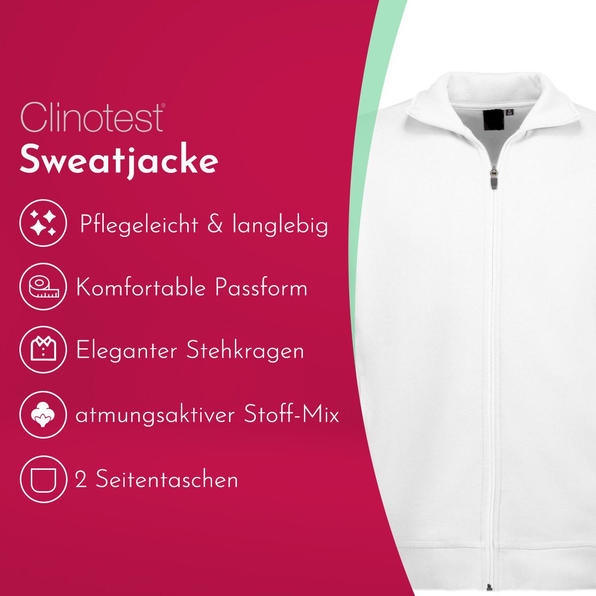 Clinotest Sweatjacke ohne Kapuze Unisex - 60% Baumwolle & 40% Polyester mit Stehkragen (1-tlg) Bequeme & atmungsaktive Sweatshirtjacke für Freizeit und Sport