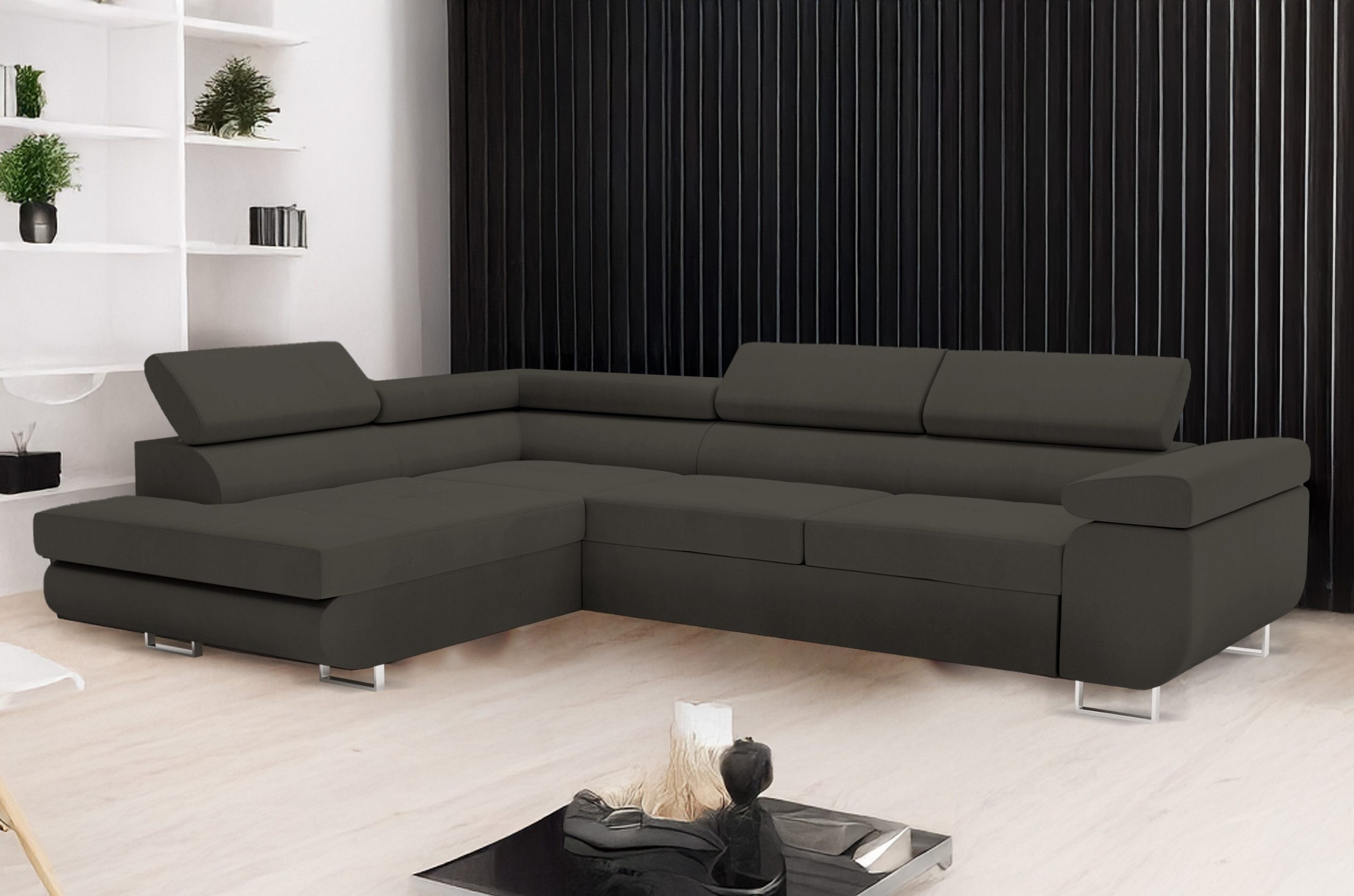 Goldstoff Ecksofa mit Schlaffunktion & Bettkasten - hochwertiges Sofa, Couch mit Schlaffunktion für Wohnzimmer - Schlafsofa - Eckcouch, Eckcouch mit praktischem Bettkasten in grau