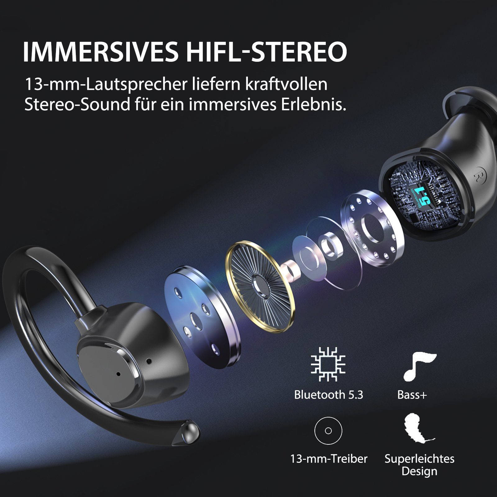 Sportkopfhörer, Bluetooth Ohrbügeln 5.3 CVC8.0) (Immersives In-Ear-Kopfhörer HD Schwarz Bluetooth mit Rauschunterdruckung, HIFI-Stereo, ENC mit Kabellos LED-Ladebox, Anruf, Yuede Earbuds Kopfhorer