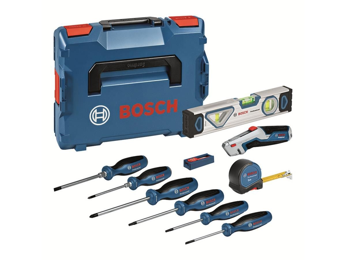 BOSCH Werkzeugset Schraubendreher inkl L-BOXX, 19tlg. Universalmesser, Maßband, Wasserwaage, Schraubendreher