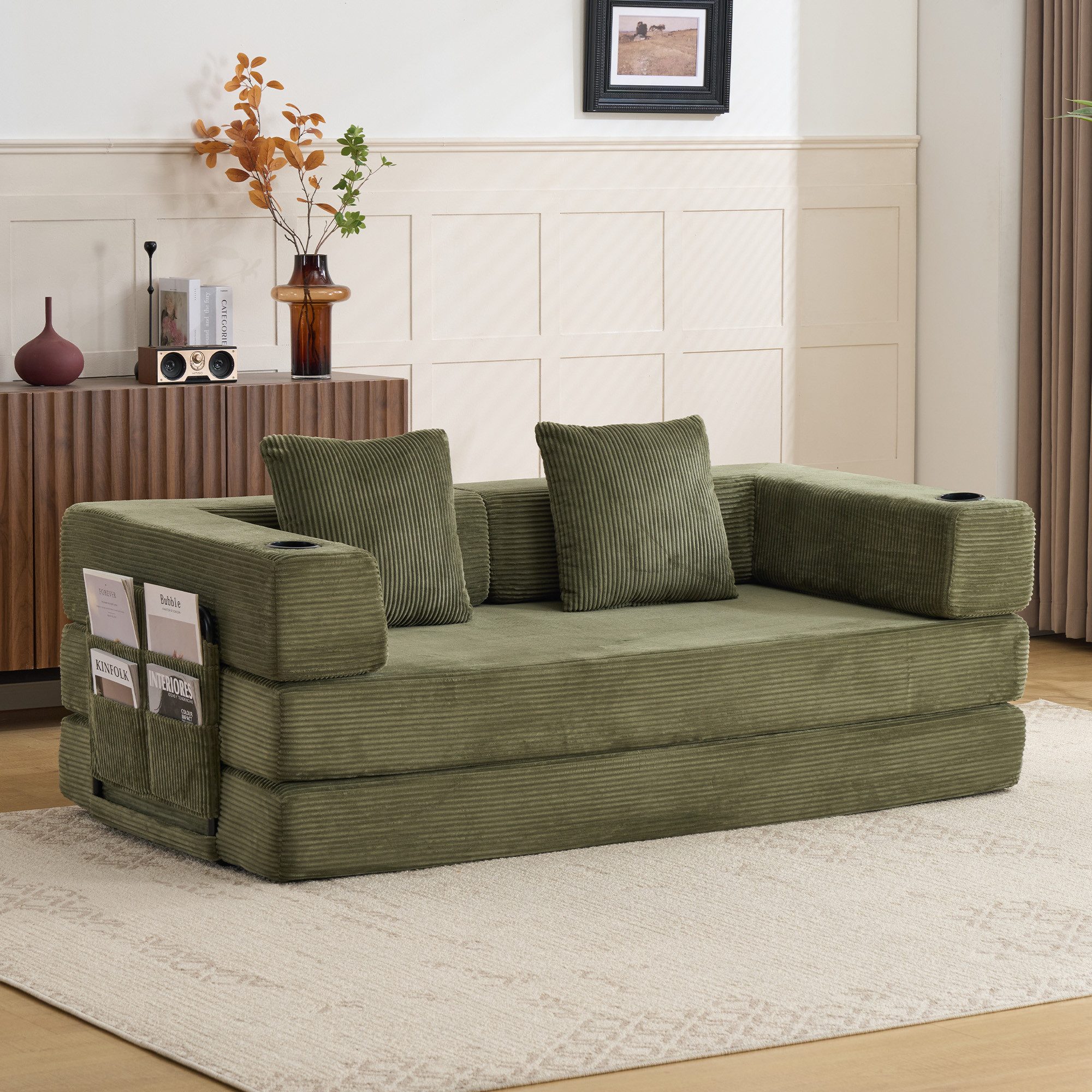 Vankel Loungebett Sofas Wohnzimmer, Sofa mit Schlaffunktion aus Cord mit Cupholder, Faltbares Schlafsofa mit Seitentaschen, Cupholdern und ohne Montage