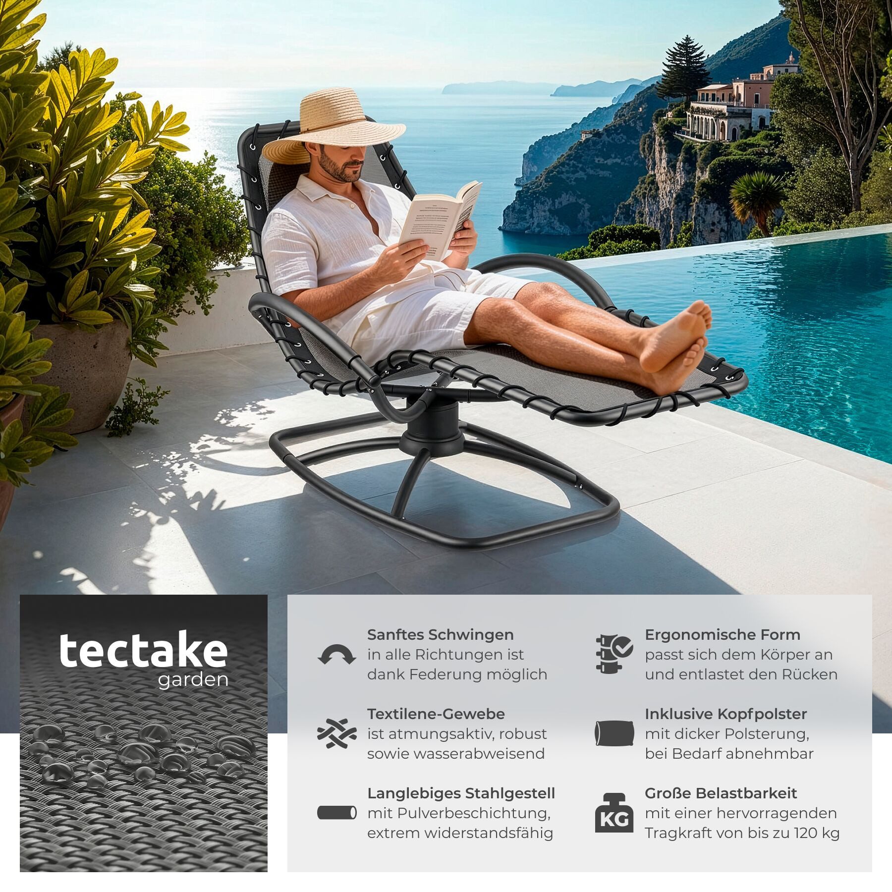 tectake Gartenliege ergonomische Kippliege, 77 x 170 x 83 cm, 120 kg Belastbarkeit, Sonnenliege Toulon, 2 St., in grau, bequeme Schaumstoffpolsterung, atmungsaktiv, wasserabweisend