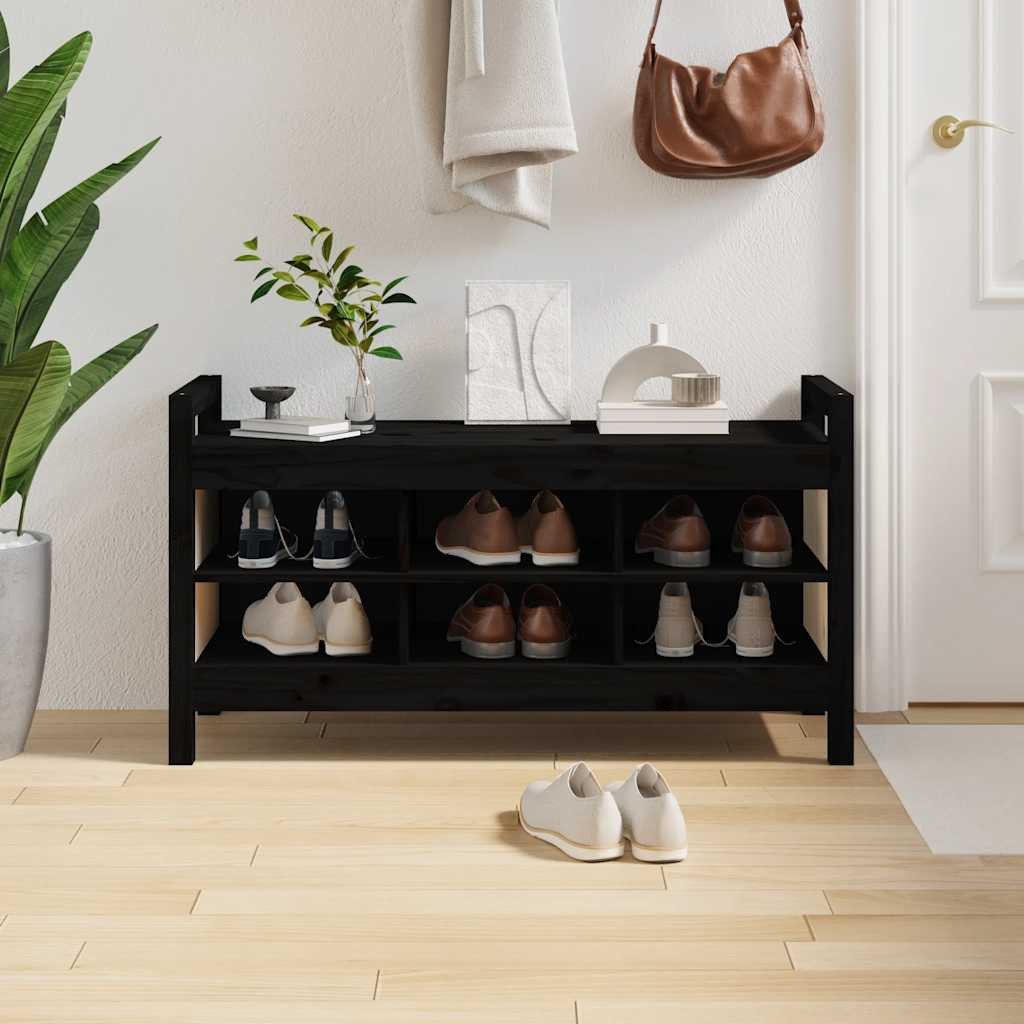 furnicato Truhenbank Flurbank aus massivem Kiefernholz 110 x 40 x 60 cm Schwarz, Sitzbank mit sechs Fächern für Stauraum und Wandhalterung im Flur