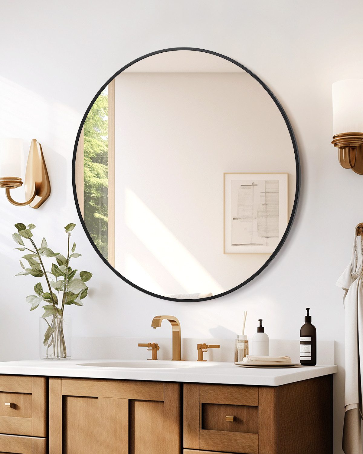GarveeMore Badspiegel rund, 80 cm, Aluminiumrahmen, HD-Spiegelglas, hängend, umweltfreundliches Harz, für Badezimmer, Wohnzimmer, Flur, schwarz