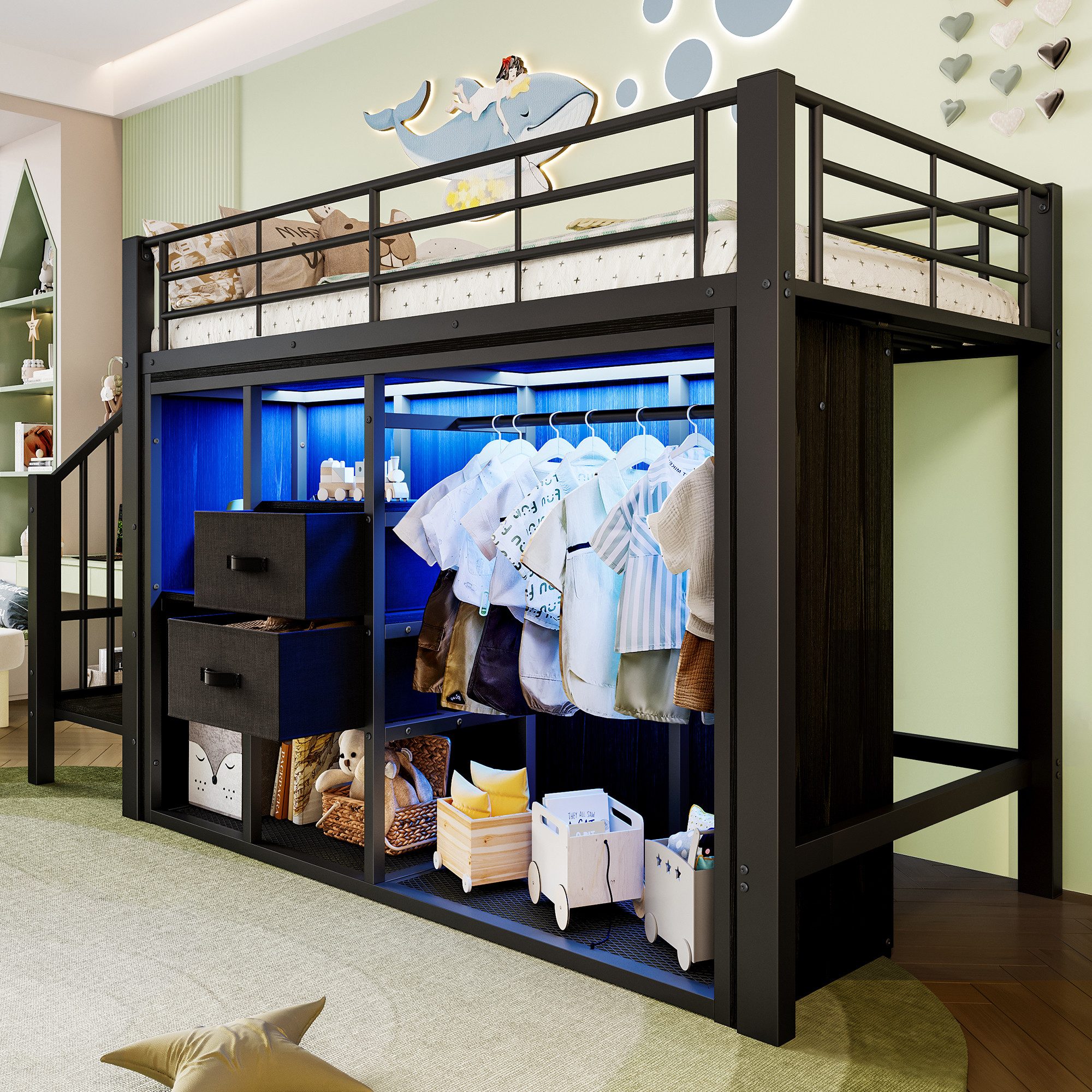 Flieks Hochbett Metall Kinderbett 90×200cm mit offenem Kleiderschrank, LED-Beleuchtung