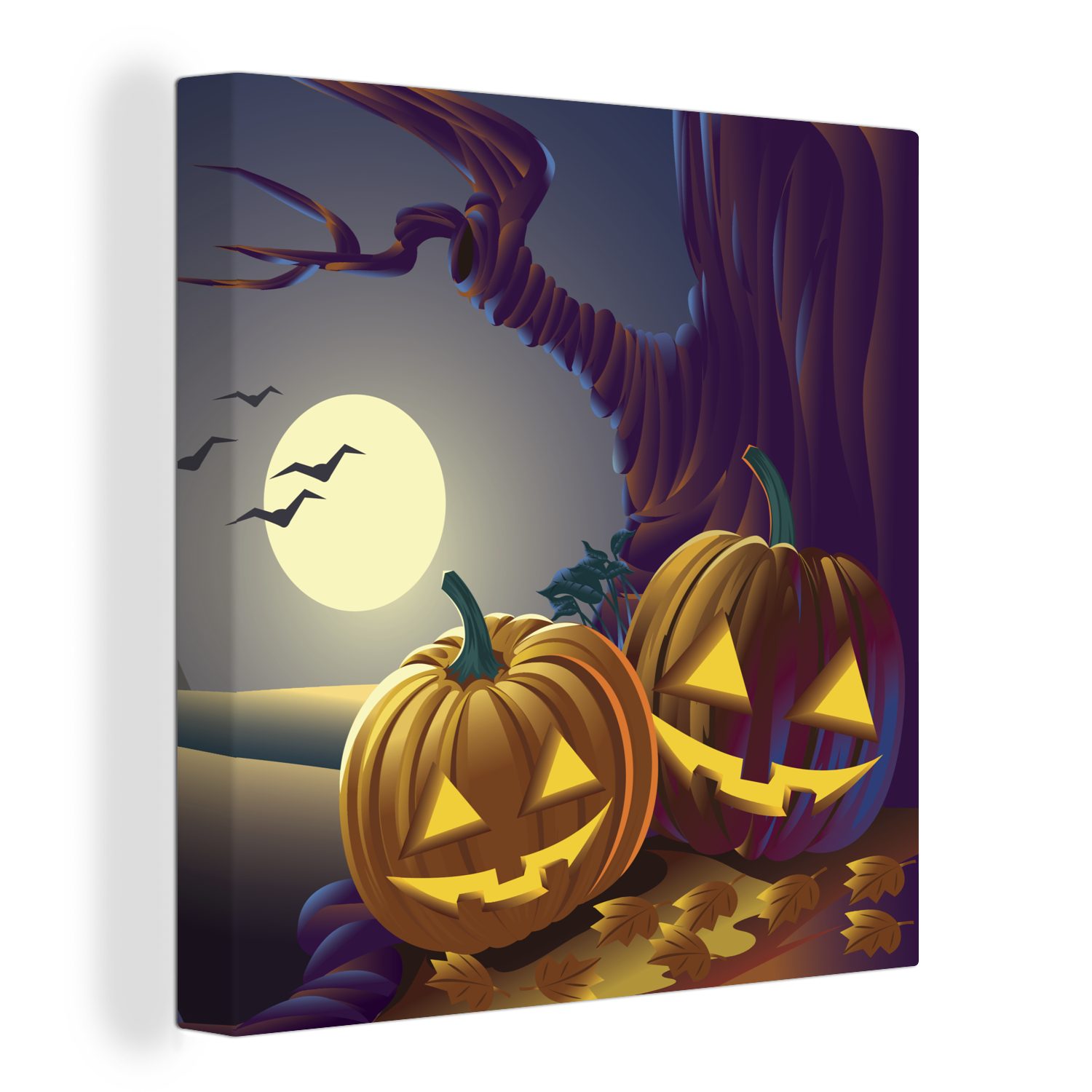 OneMillionCanvasses® Leinwandbild Zwei Kürbisse in einer Halloween-Nacht in einer Illustration, (1 St), Leinwand Bilder für Wohnzimmer Schlafzimmer