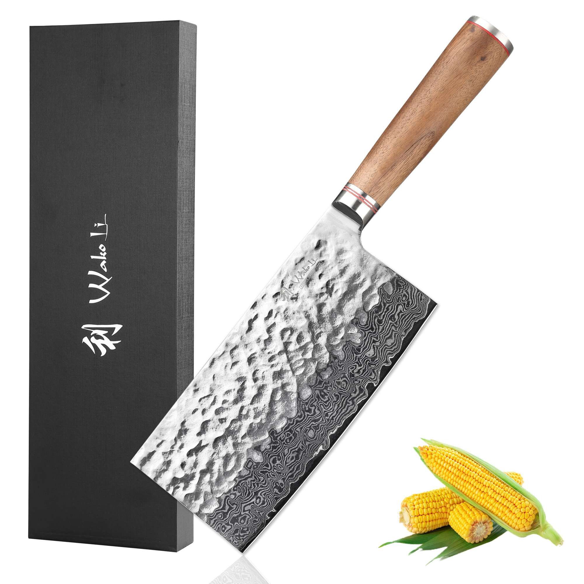 Wakoli Asiamesser Nussbaum Damastmesser Chai Dao I Kochmesser Küchenmesser 18 cm Klinge, aus 67 Lagen Damaststahl, VG-10 Stahlkern