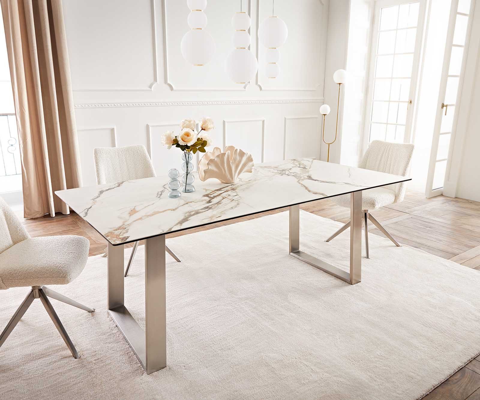 DELIFE Esstisch Edge, Keramik Calacatta Luxe Weiß-Gold-Grau 200x100 Edelstahl Schmal