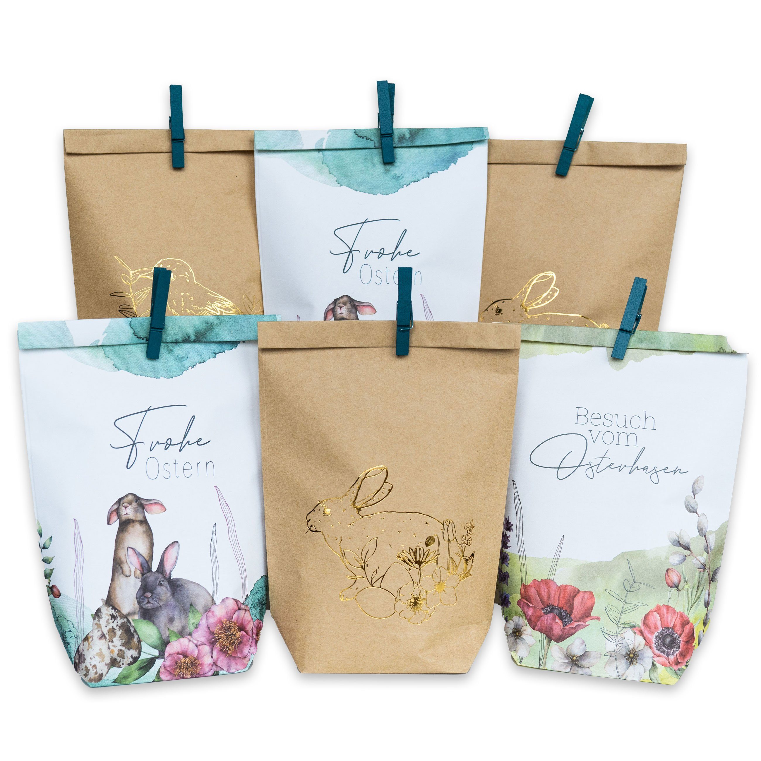 PAPIERDRACHEN Osternest 12 bedruckte Geschenktüten zu Ostern - mit Holzklammern
