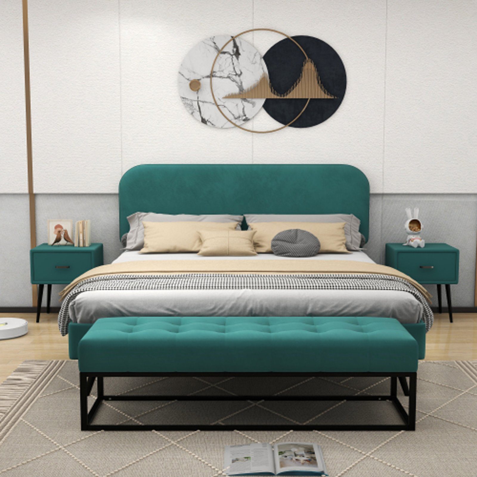 Doppelbett mit und Samt Modernes Polsterbett,Nachttisch Schlafkomfort (Mit/ohne Betthocker, SEEZSSA Schlafzimmer-Set grün,140x200cm Schlafzimmer-Set Design Matratze),