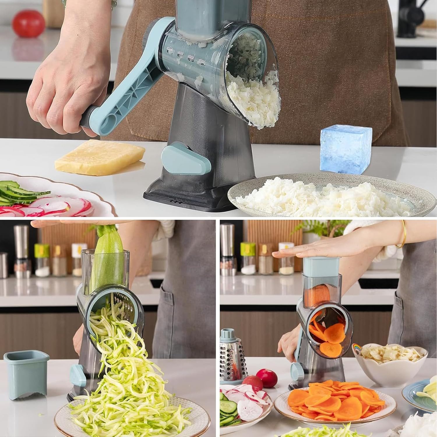 ibettertec Trommelreibe Gemüsereibe Trommelreibe mit 3 Edelstahl Austauschbaren Trommelklingen, (Zubehör‑Set für Küche, 3 in 1 Abnehmbaren Manuelle Gemüsemühle, – Bild 5 von 5