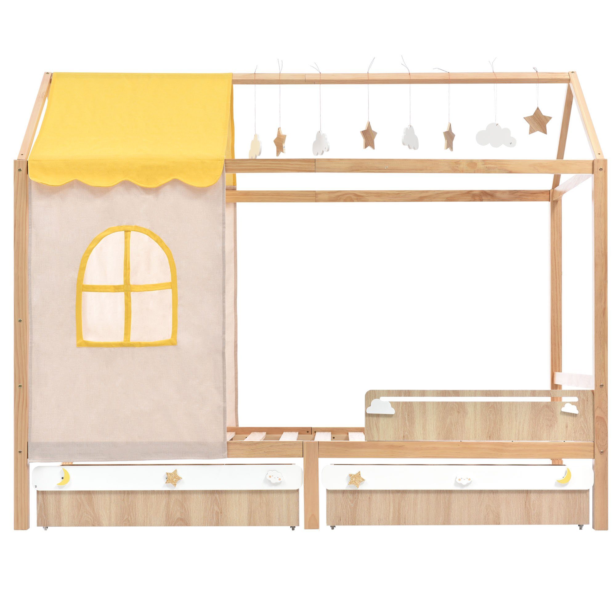 90x200cm Kinderbett, Flieks mit Dekoration und 2 Schubladen Hausbett Kiefer