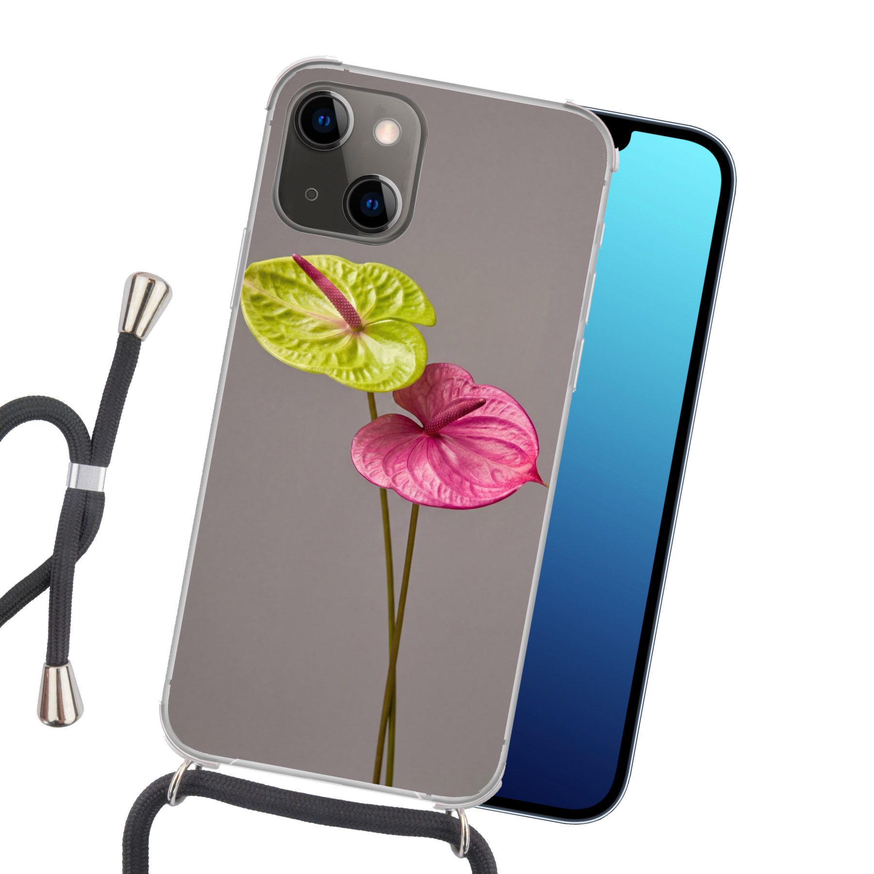 MuchoWow Handyhülle für Apple iPhone 13 Mini Pflanzen - Anthurium - Grün - Rosa, Tragbare Handyhüllen mit Kette zum umhängen, Handykette Handyband