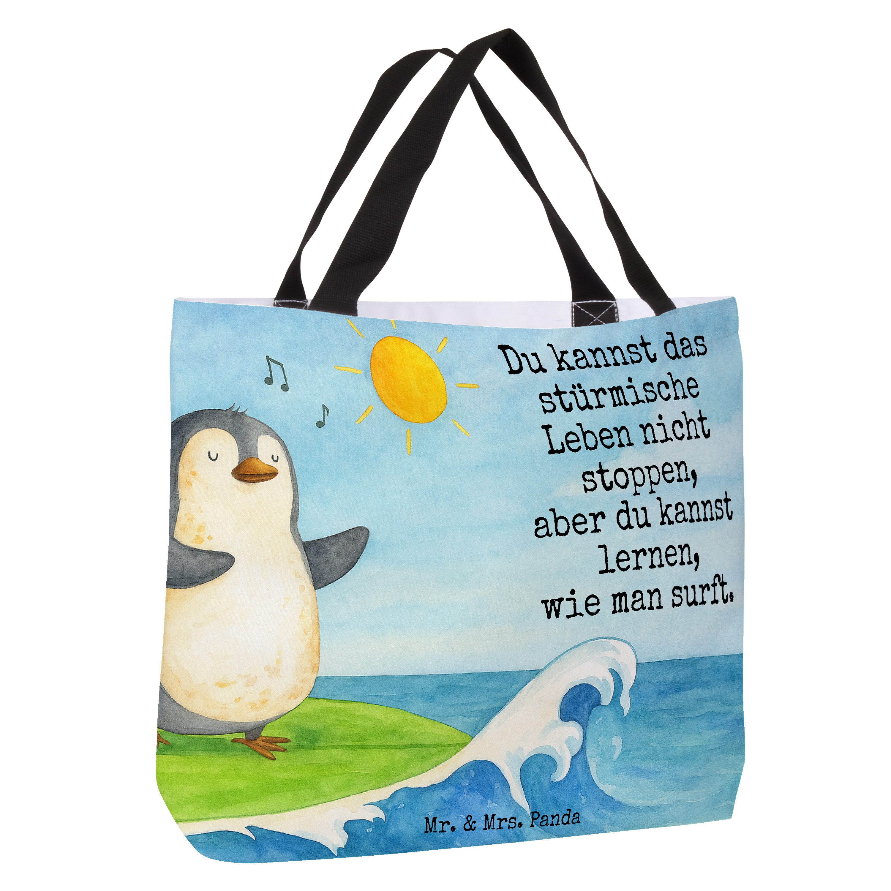Mr. & Mrs. Panda Shopper Pinguin Surfer Design, Reisetasche, Weiß, Hawaii, Tote Bag, Portugal, (Packung), Positive Sprüche Tragetasche Büchertasche