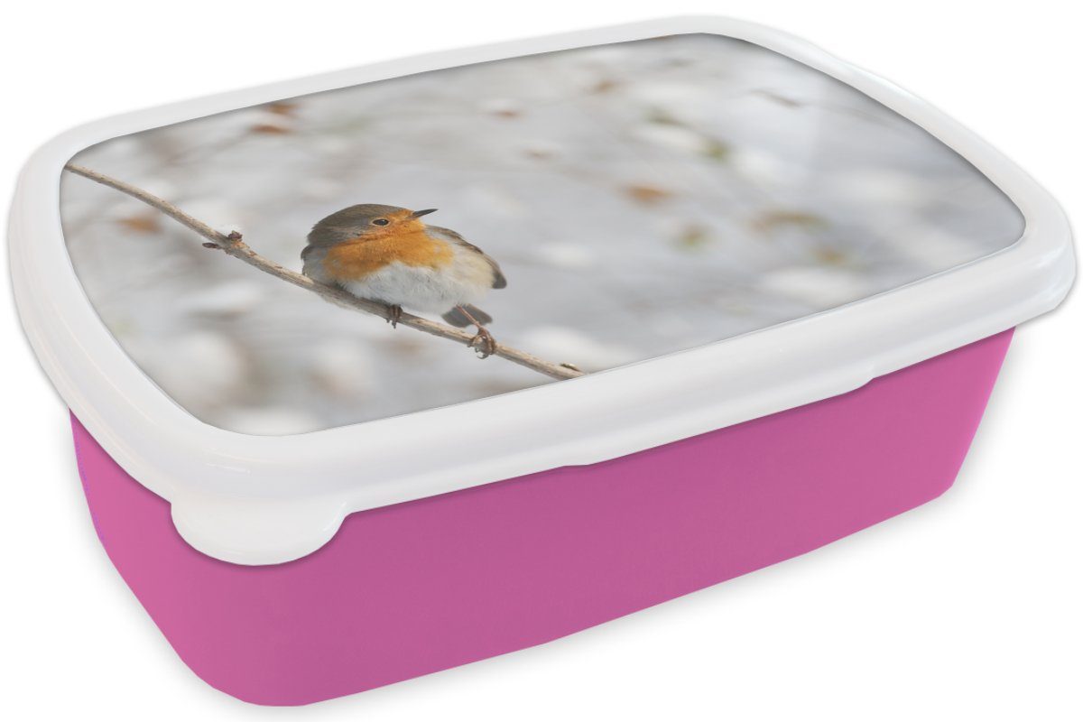 Kinder, Lunchbox für Vogel Kunststoff, Kunststoff (2-tlg), Mädchen, Erwachsene, - rosa Winter, Brotbox MuchoWow Rotkehlchen - Snackbox, Brotdose