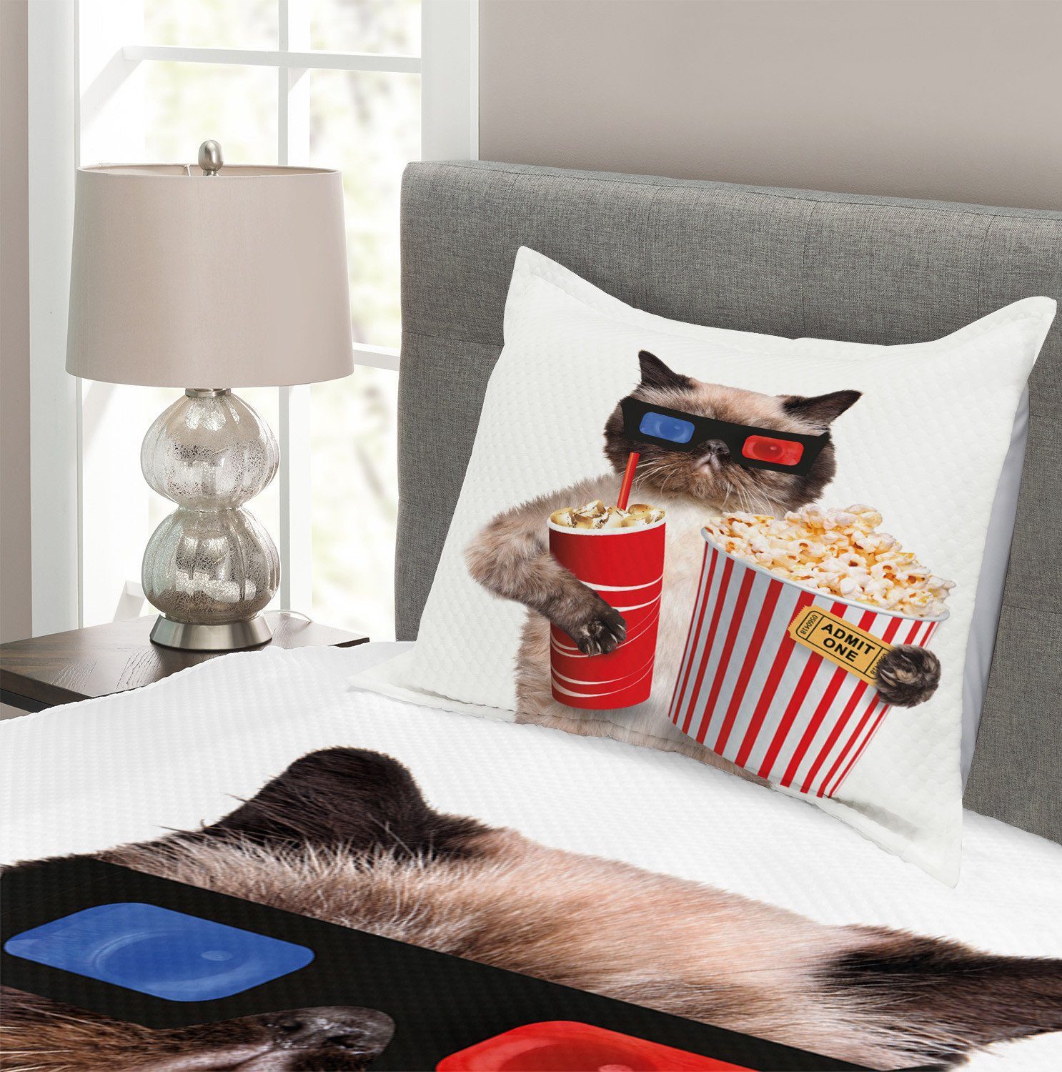 Waschbar, Tagesdecke Kino Set Kissenbezügen Popcorn Cat mit Abakuhaus,
