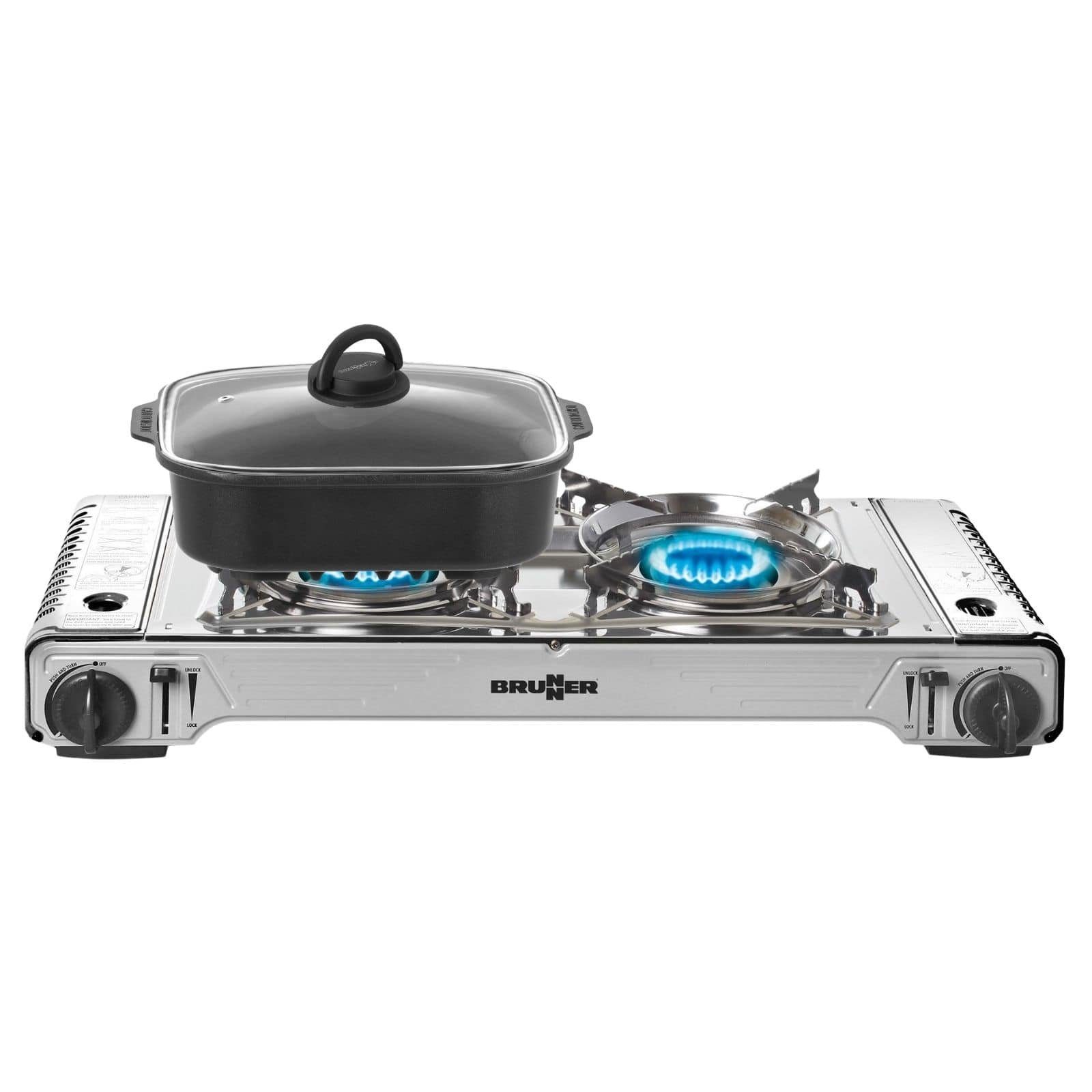 BRUNNER Gaskocher BRUNNER DEVIL DOUBLE GRILL Campingkocher Set Zweiflammig, Vielseitig, (Gaskocher + Alu-Kasserolle)