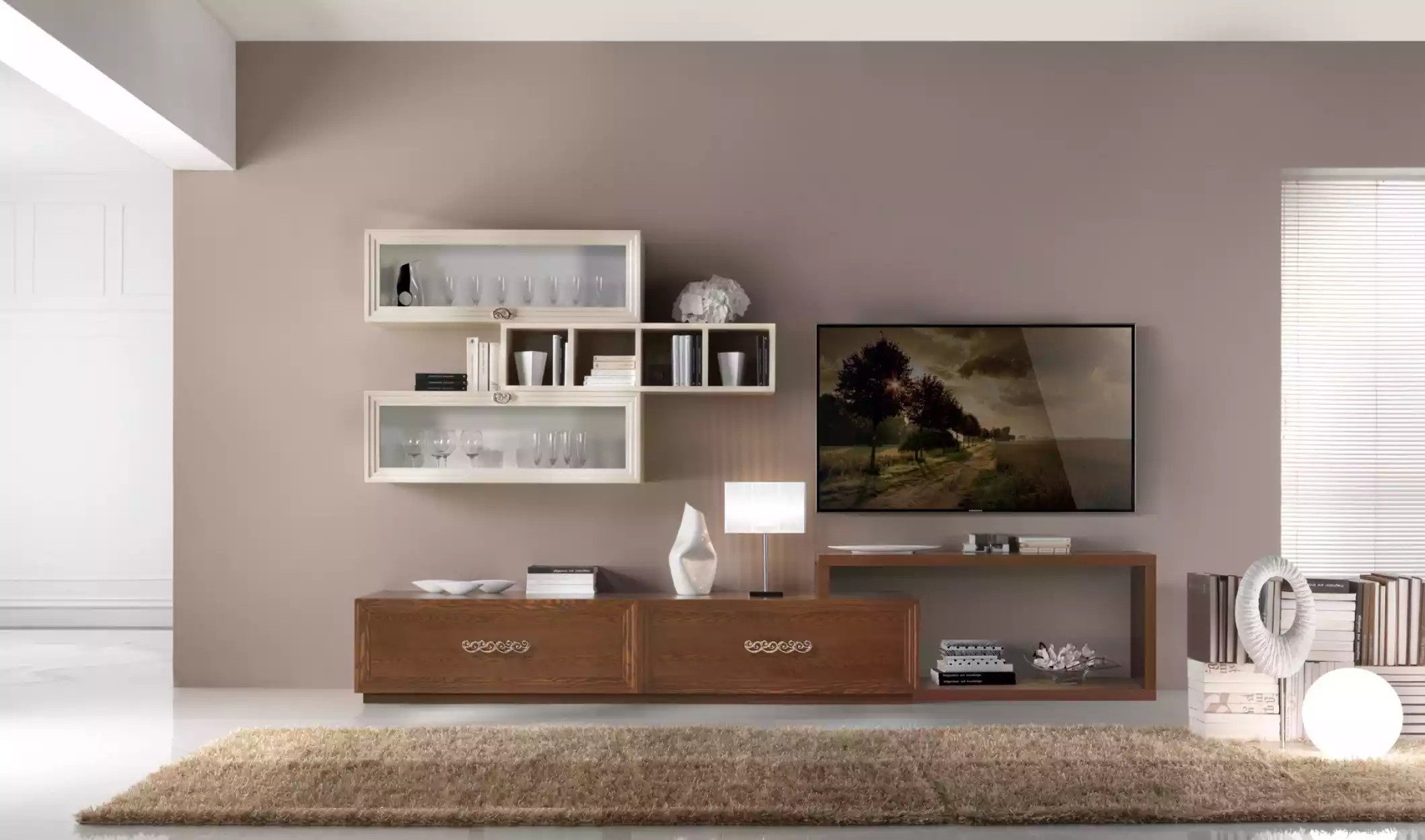 Wohnwand Moderner TV-Ständer aus Holz mit Hängevitrinen in Braun