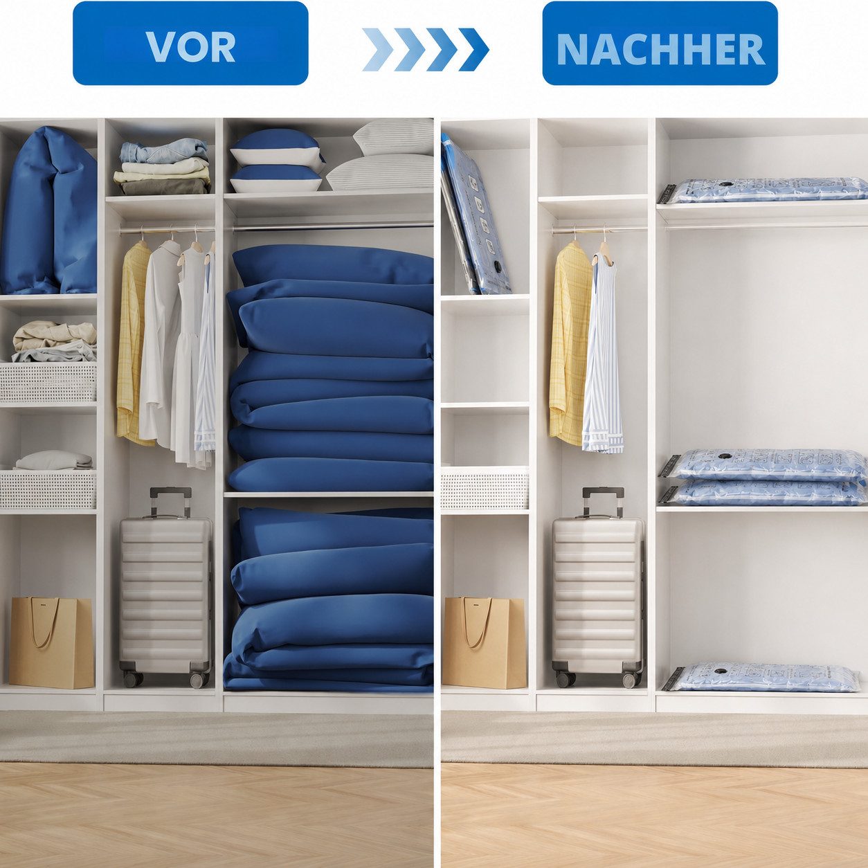 ibettertec Kofferorganizer Vakuumbeutel für Kleidung 17-teilig, 4 Größen mit Handpumpe (Vakuumbeutel für Kleidung 17-teilig, 16 Vakuum Aufbewahrungsbeutel mit Handpumpe, 4 Größen 70x100/60x80/50x70/40x60 cm, platzsparend, luftdicht & wiederverwendbar)