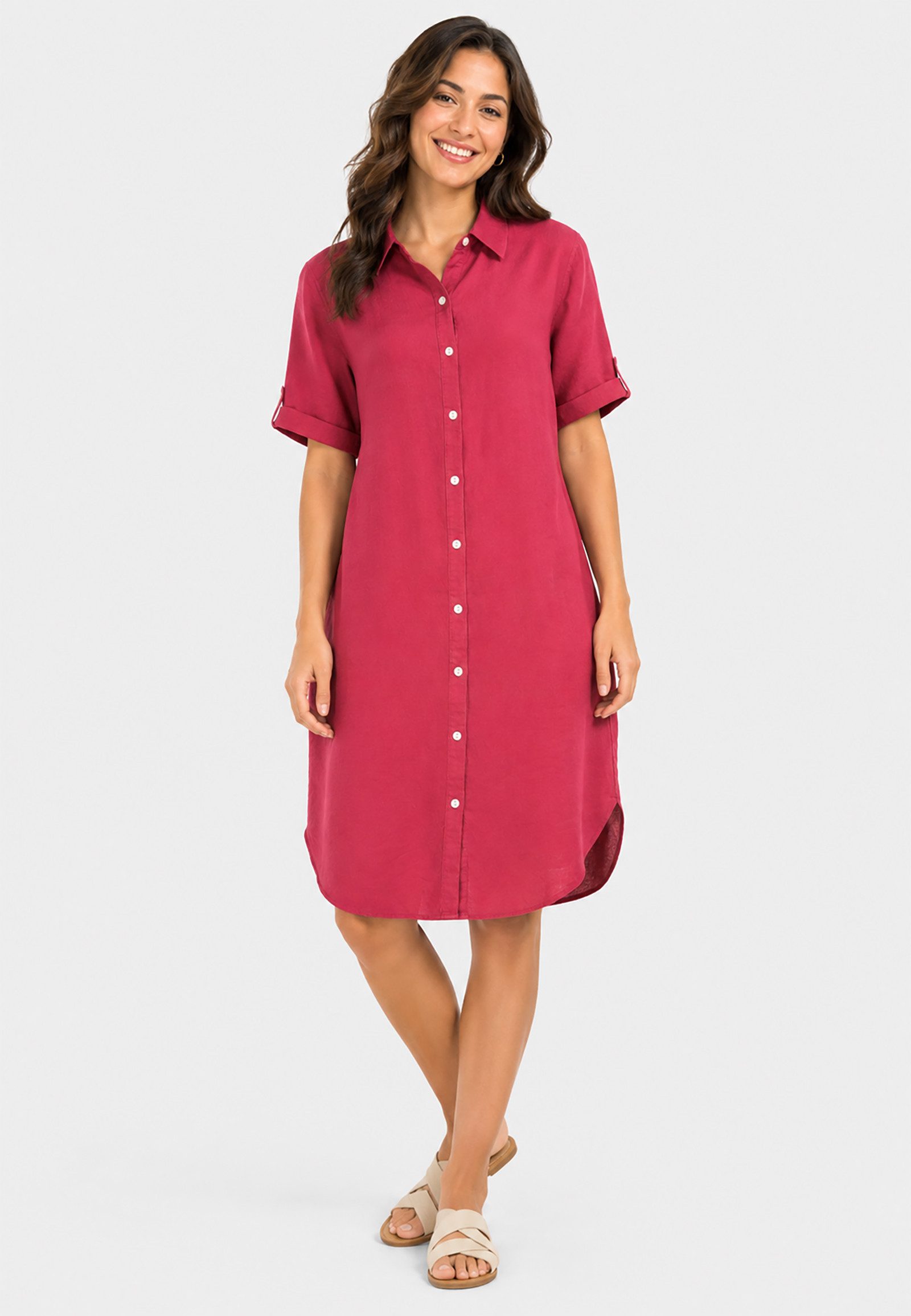 Eight2Nine Shirtkleid Kurzarm Knopfleiste Gerade Passform für Damen (lang, 1-tlg) Leinen Normal Fit Kentkragen Kurzarm Einfarbig atmungsaktiv