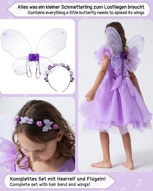 Corimori Prinzessin-Kostüm Prinzessin Kleid Kostüm-Set für Kinder Schmetterling Mira, Feenkleid, Kostüm Mira für Fasching, lila, Größe 140/146