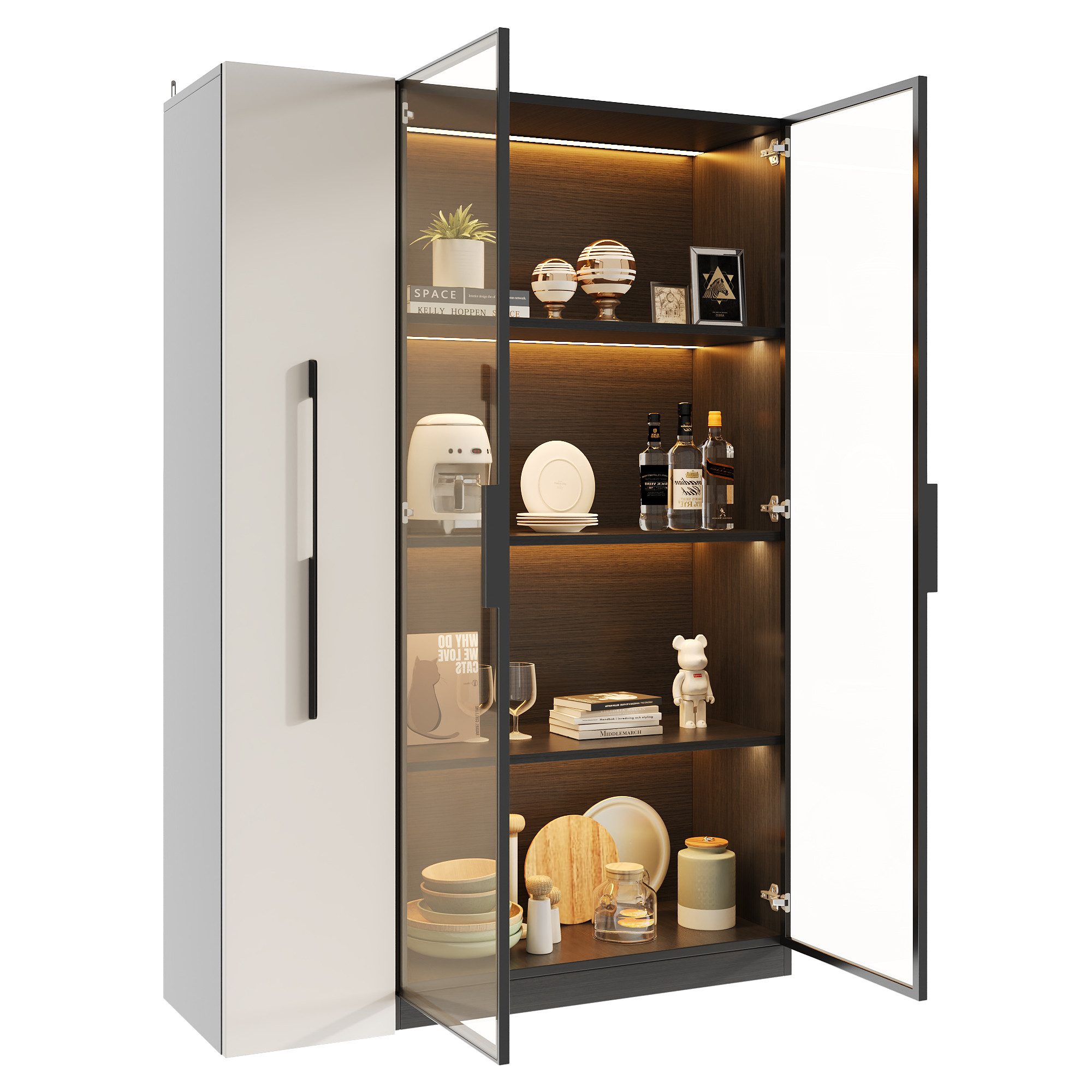 Merax Glasvitrine (2-in-1-Design Multifunktionsschrank Vitrinenschrank, 1-St., 110.5x35x160cm) LED-Vitrine mit Glastür & seitlichem Rollregal,Hochschrank Bücherregal