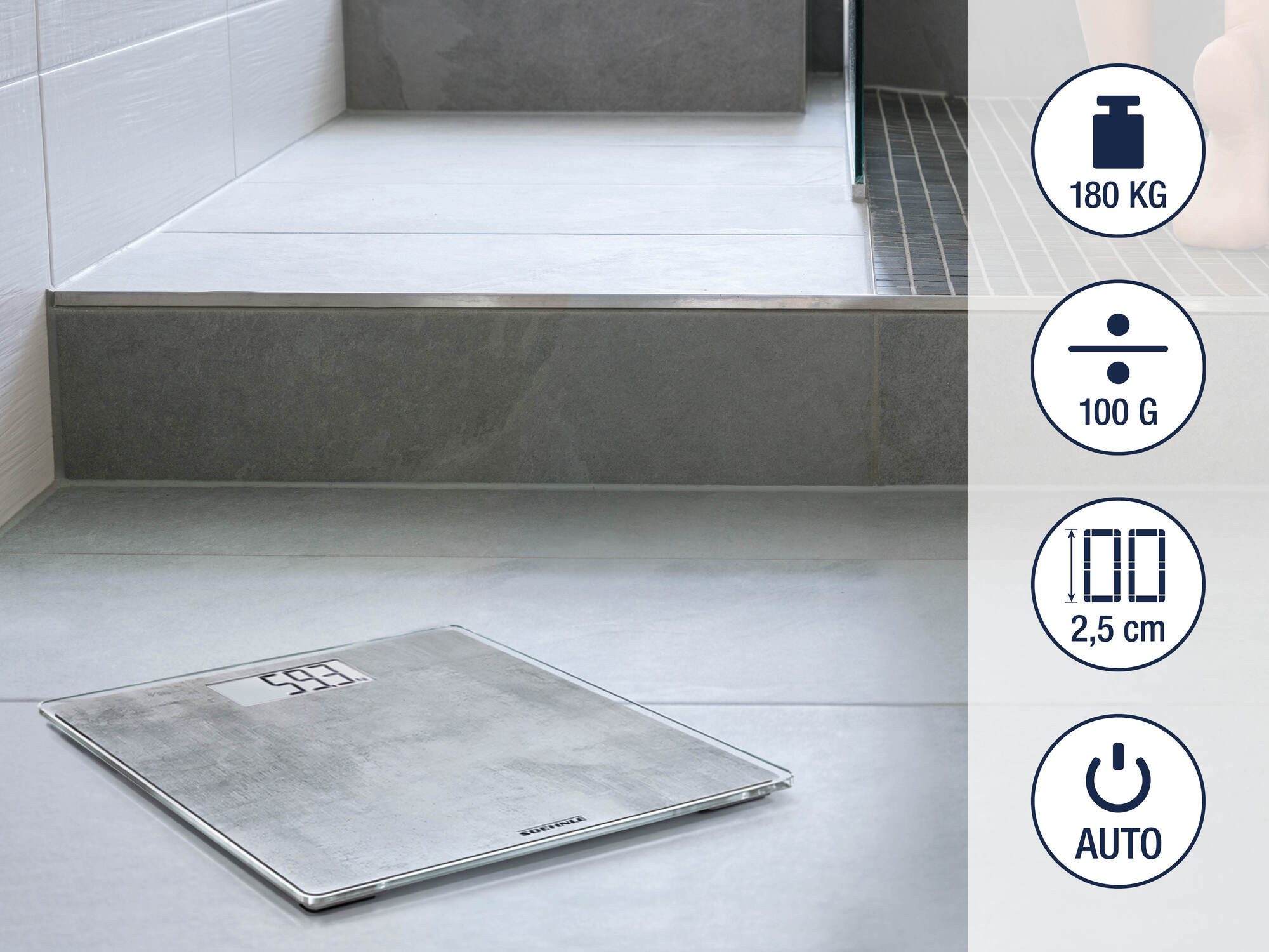Soehnle Personenwaage Style Sense Compact 300 Concrete, 1-tlg., LCD-Anzeige, flaches Design, bis 180kg, große Trittfläche, kg/lb/st – Bild 3 von 5