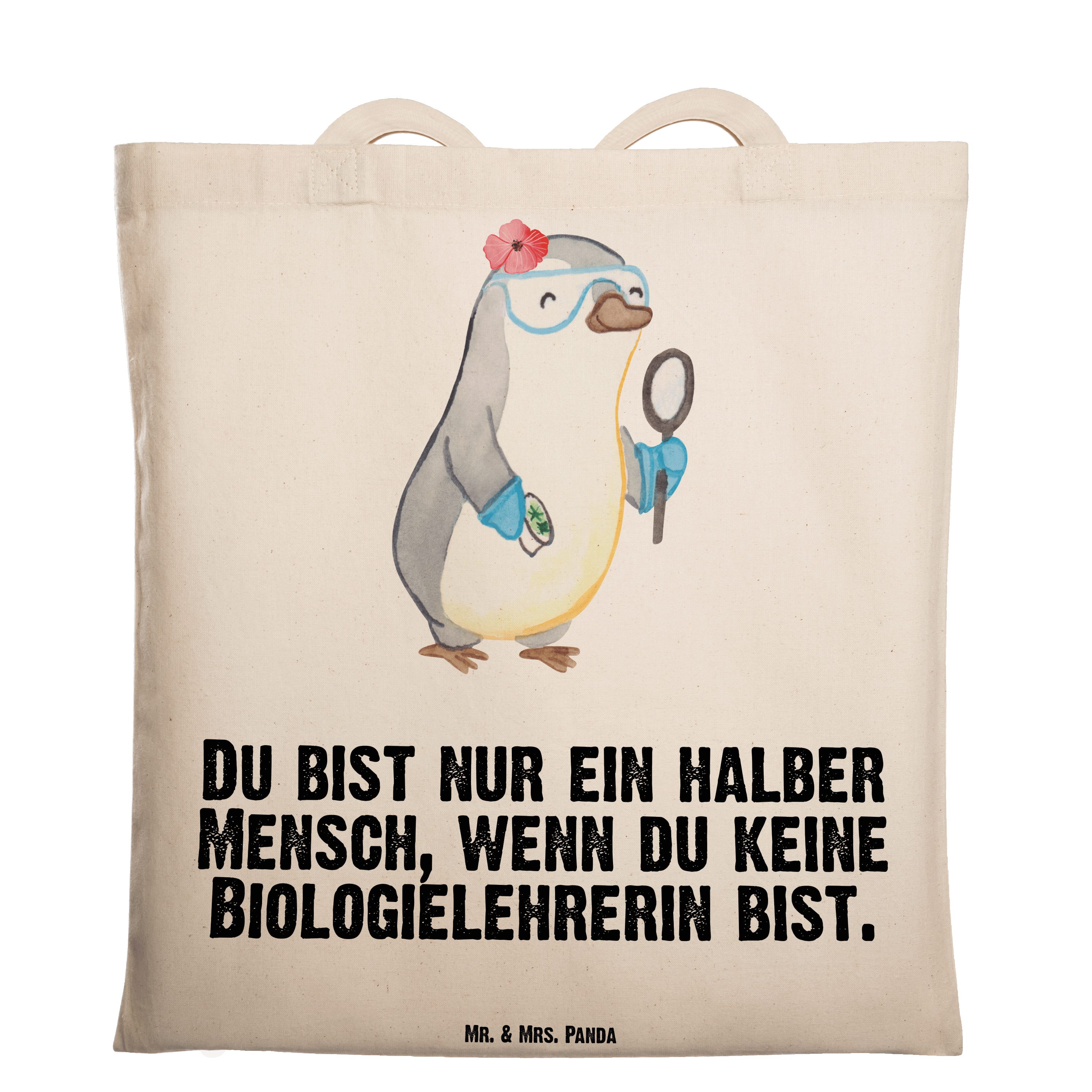 Mr. & Mrs. Panda Tragetasche Biologielehrerin mit Herz - Transparent - Geschenk, Stoffbeutel, Beut (1-tlg)
