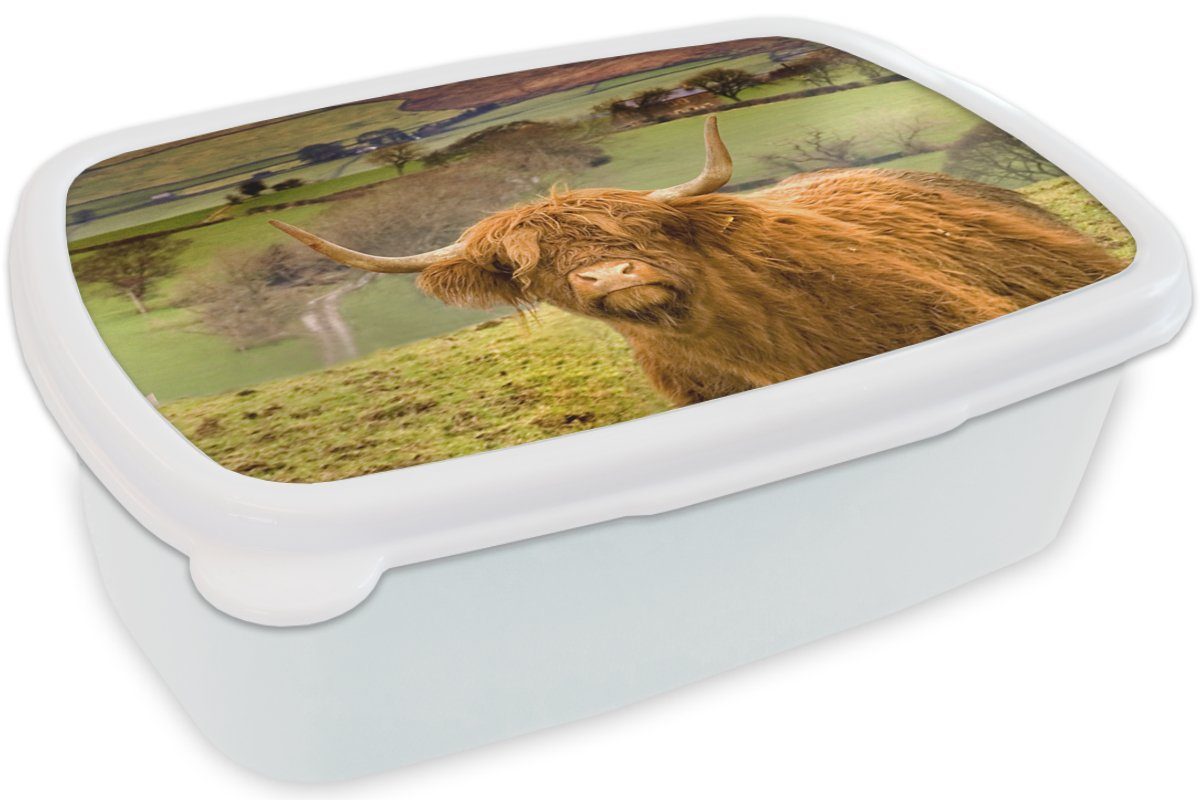 MuchoWow Lunchbox Schottischer Highlander - - Erwachsene, Kinder Jungs weiß Herbst, Brotbox Mädchen und und für Kunststoff, Brotdose, (2-tlg), Berg für