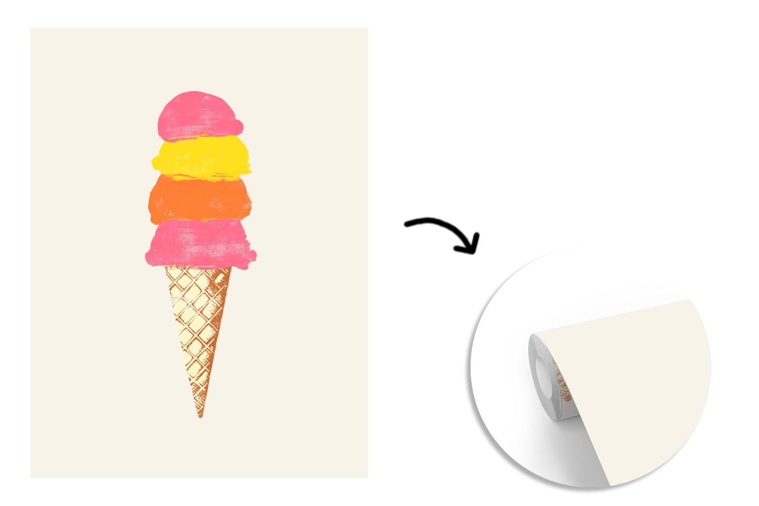 MuchoWow Fototapete Schaufel Eiscreme - Hörner - Illustration - Minimalistisch, Matt, bedruckt, Wallpaper für Wohnzimmer, Schlafzimmer, Vinyl Tapete, 165x220 cm