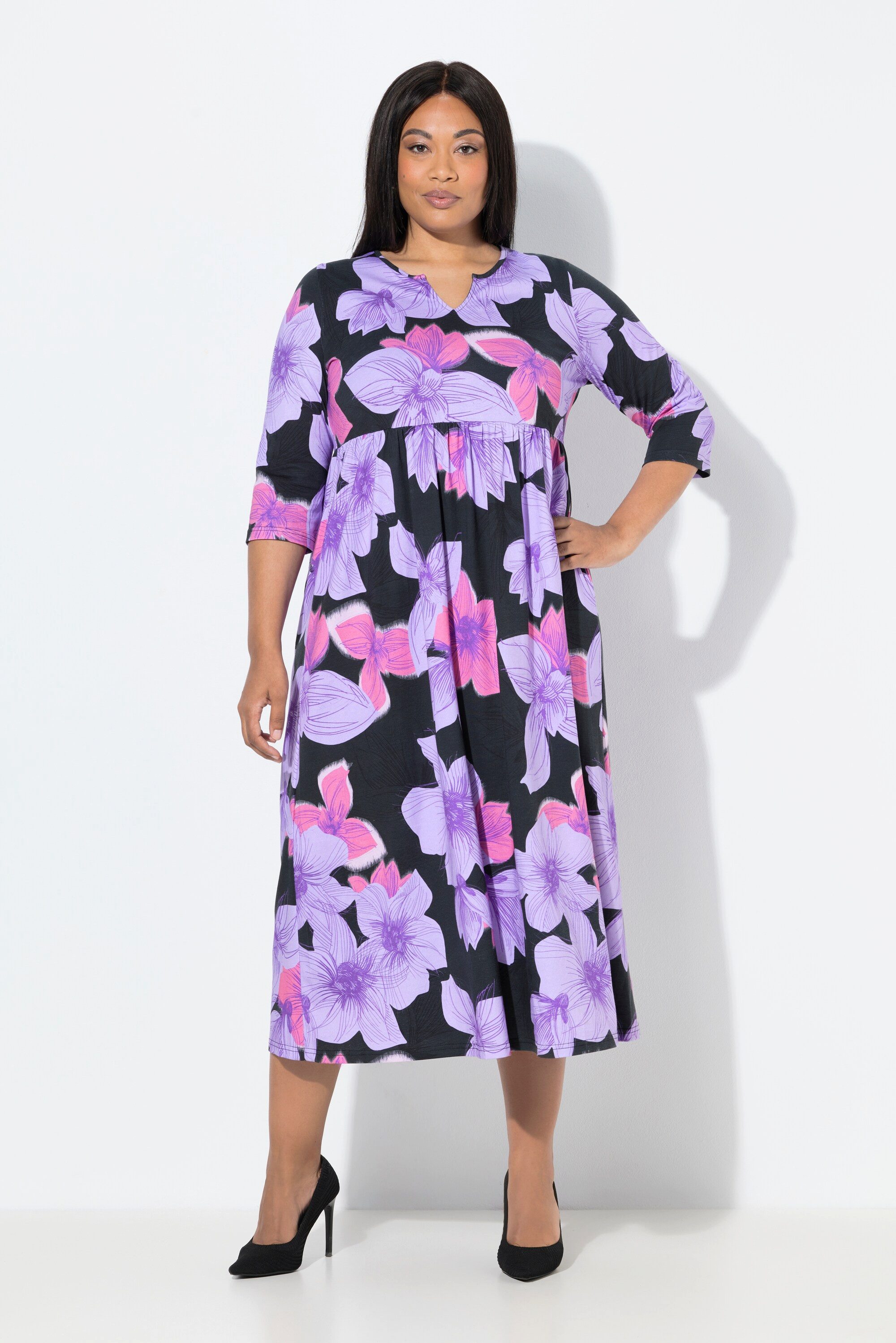 Ulla Popken Maxikleid Jersey-Maxikleid Blüten A-Linie 3/4-Arm günstig online kaufen