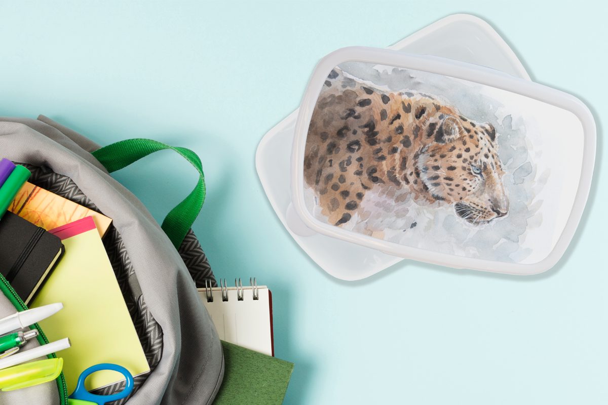 Lunchbox und (2-tlg), Brotbox Kunststoff, Leopard MuchoWow - und Blau, Mädchen für Kinder Aquarell Jungs weiß Erwachsene, Brotdose, - für