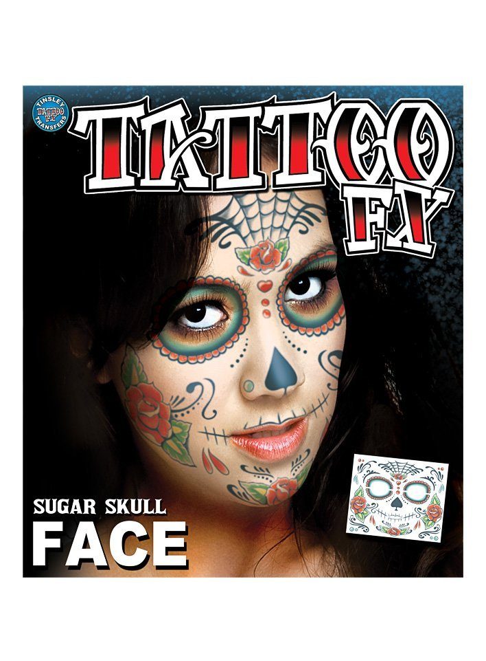 Tinsley Kostüm Sugar Skull Gesicht-Klebetattoo, Temporäres Tattoo in beeindruckend realistischer Hollywood-Qualität