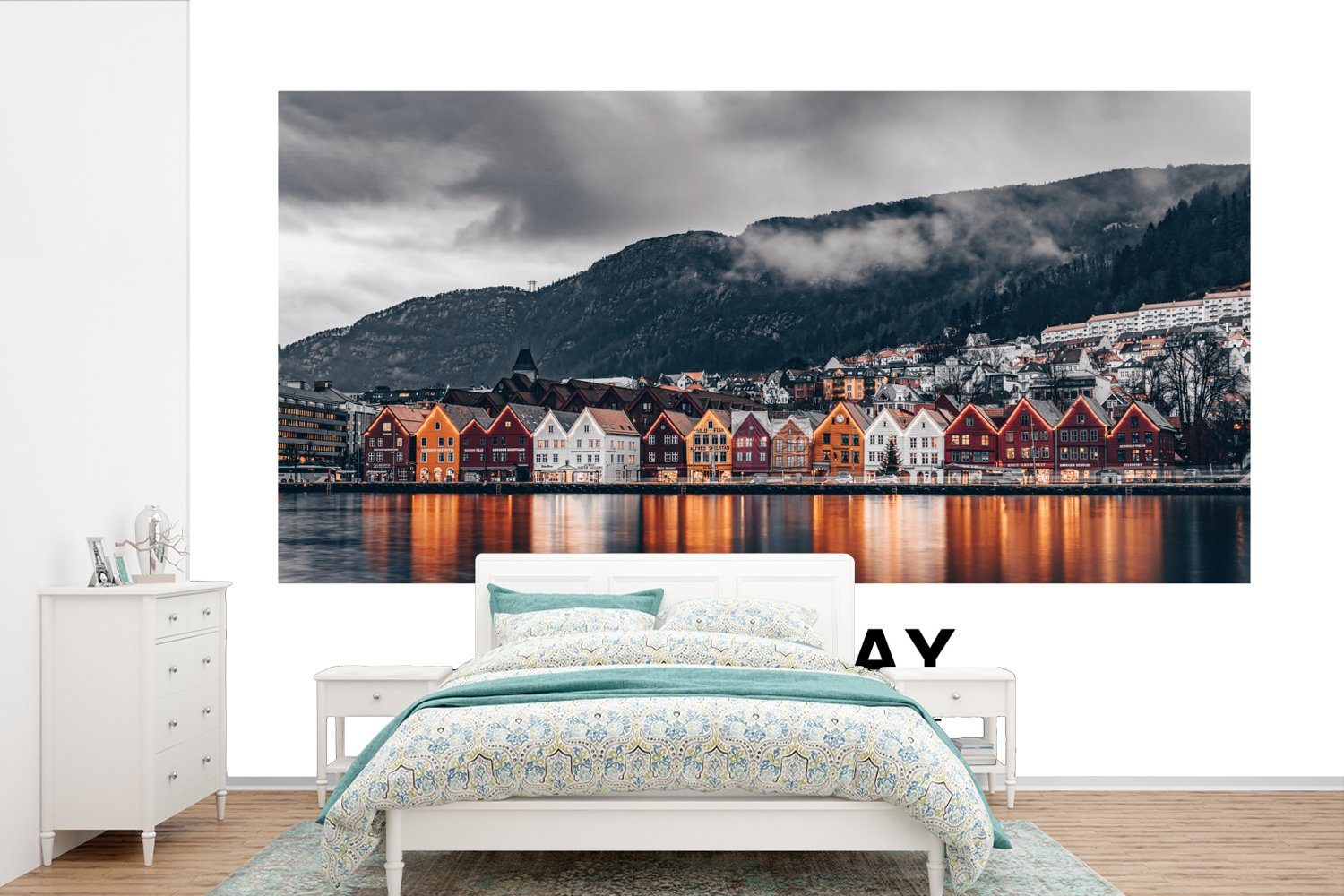 MuchoWow Fototapete Norwegen - Häuser - See, Matt, bedruckt, (6 St), Wallpaper für Wohnzimmer, Schlafzimmer, Kinderzimmer, Vinyl Tapete