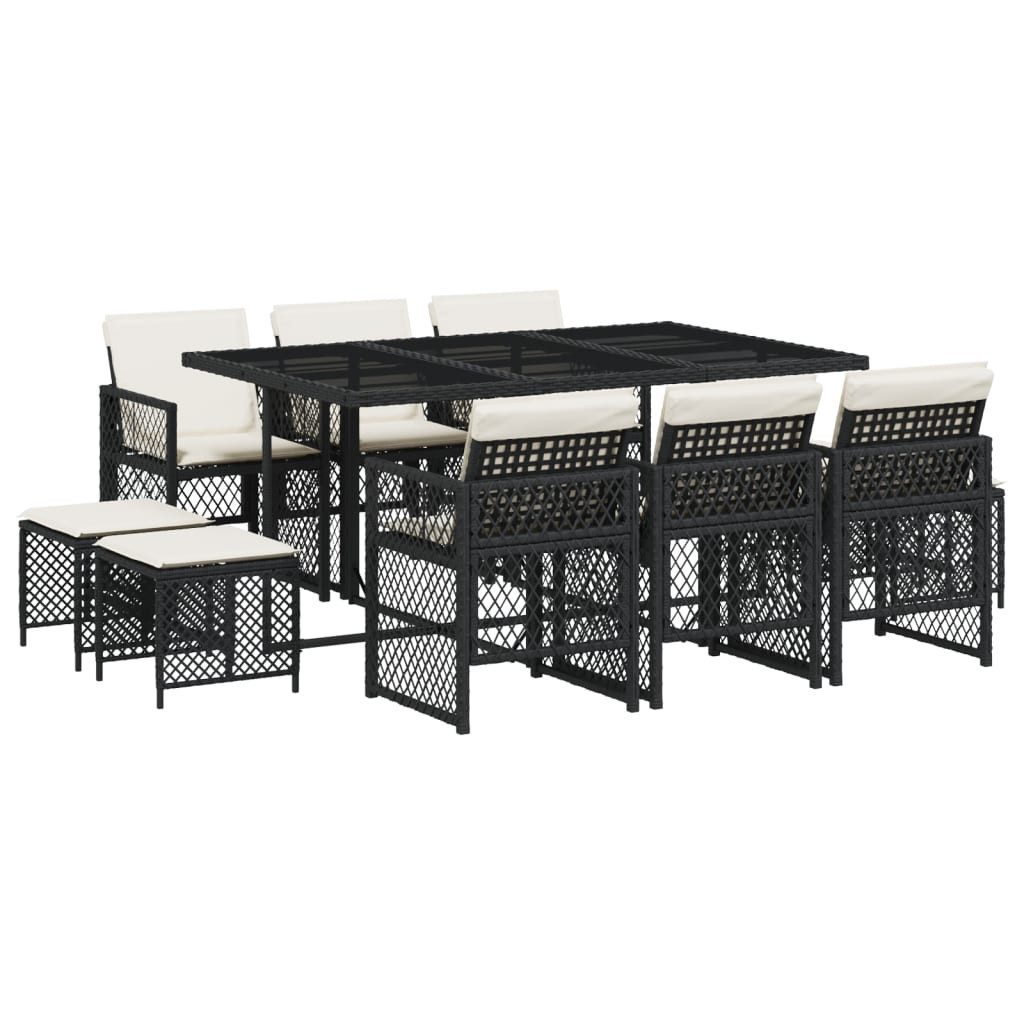 vidaXL Garten-Essgruppe 11-tlg. Garten-Essgruppe mit Kissen Schwarz Poly Rattan, (10-tlg)