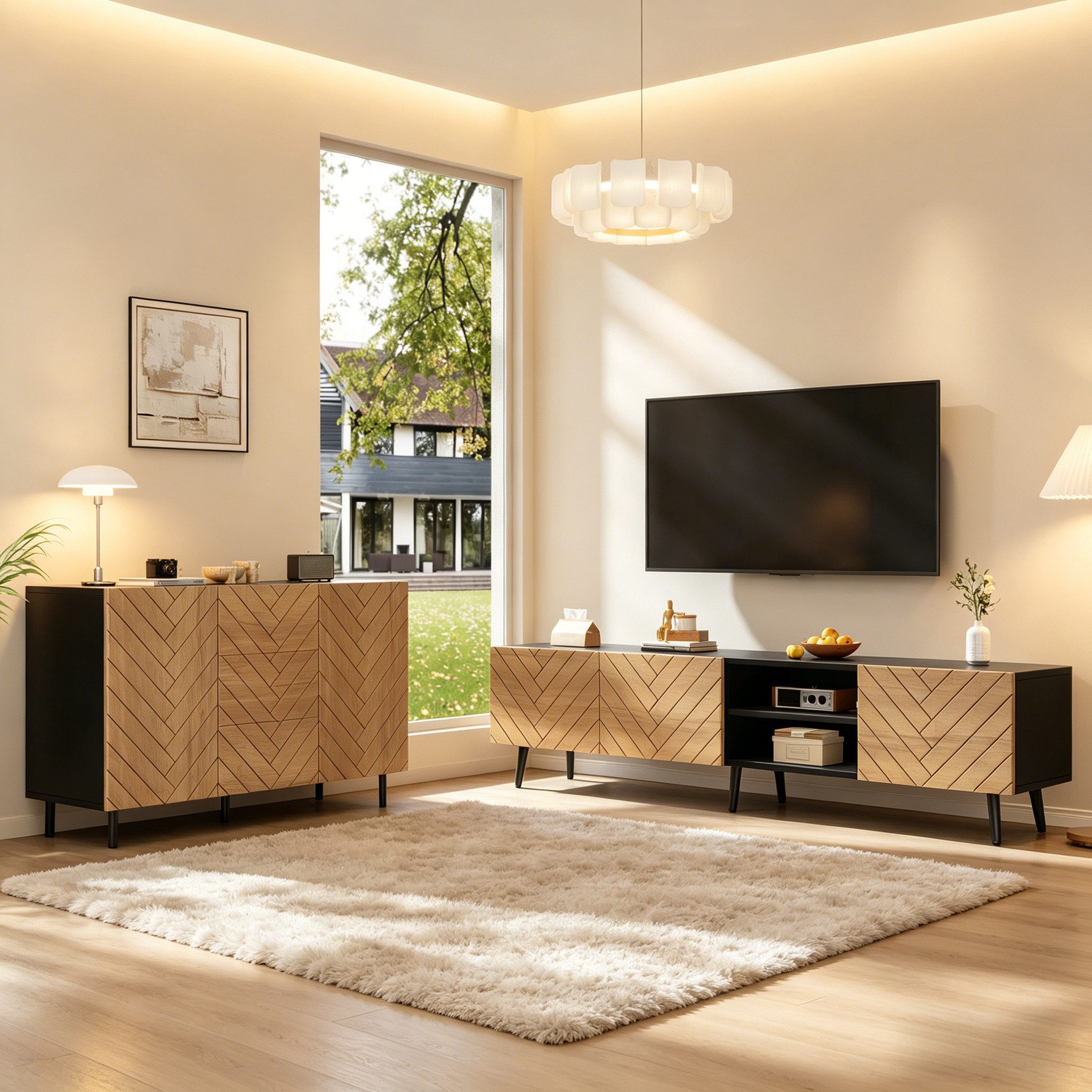 Merax Wohnzimmer-Set Wohnwand Kombination, (2-St), TV Bank & Sideboard Set mit Schubladen und Türen, Holzoptik/Schwarz
