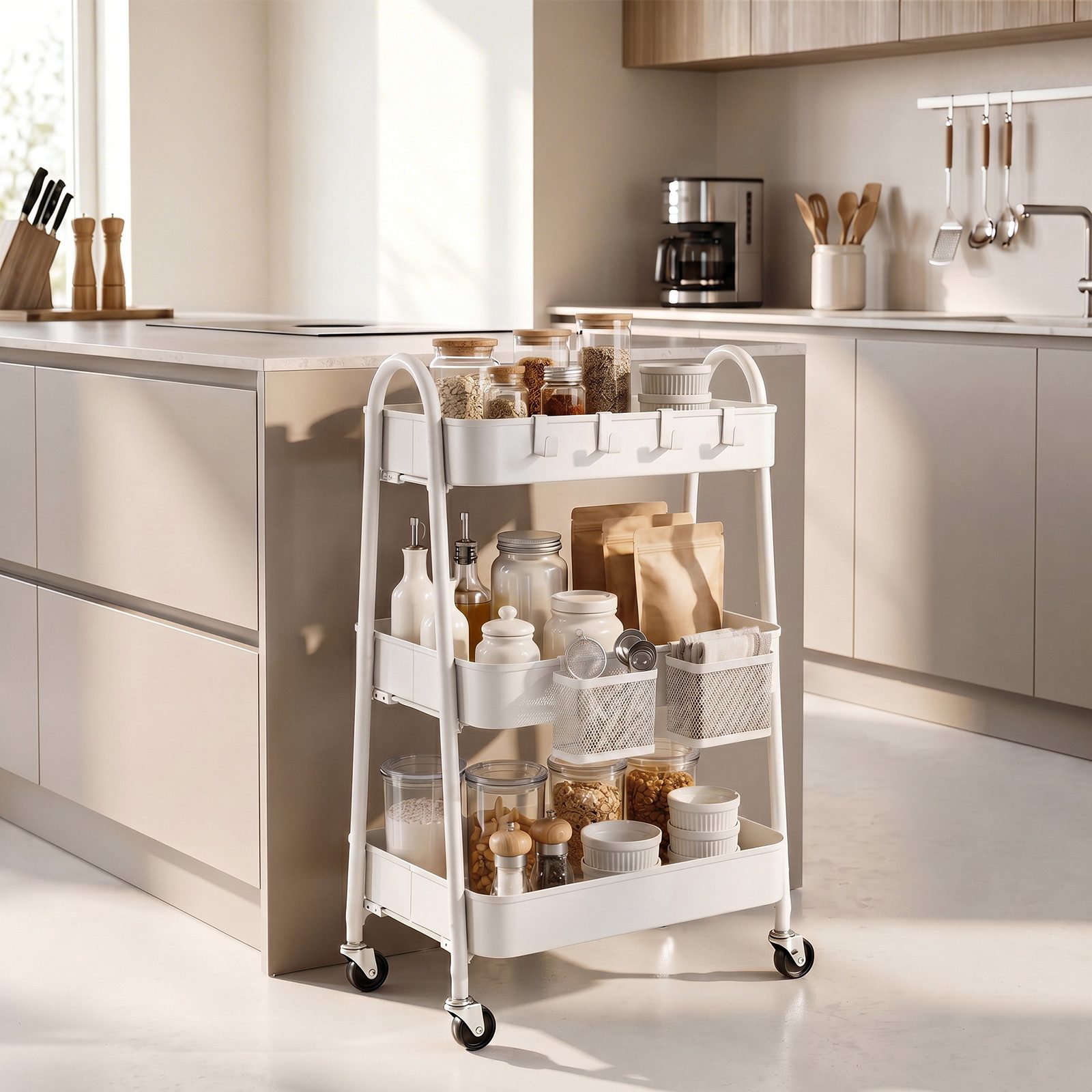 Sekey Rollwagen Küche 30 cm Breit Servierwagen mit Rollen Metall, 2 Körben & 4 Haken, Innovatives Klick-Design für schnelle Montage ohne Schrauben – Bild 2 von 5