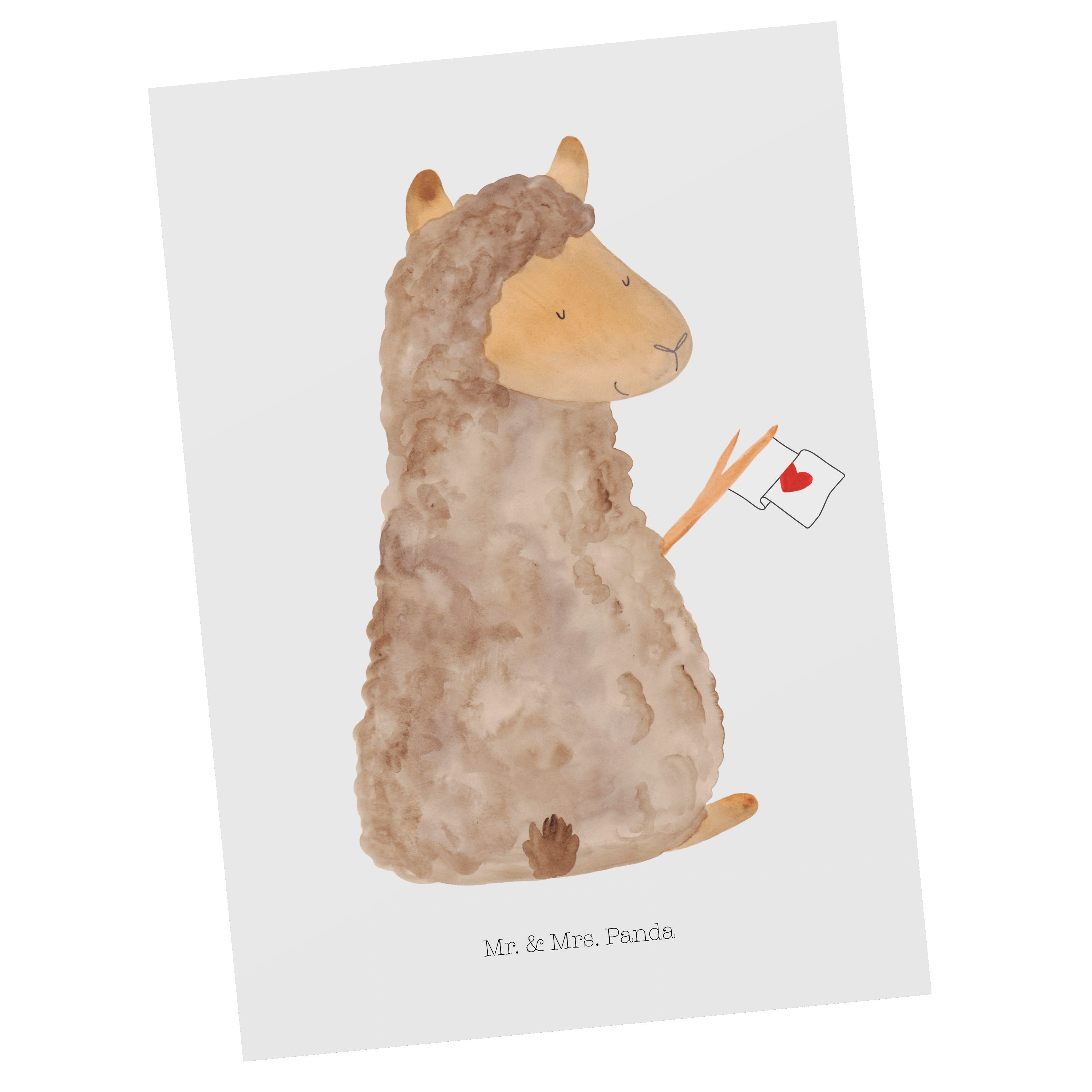 Mr. & Mrs. Panda Postkarte Alpaka Fahne - Weiß - Geschenk, Geschenkkarte, Lamas, Einladungskarte