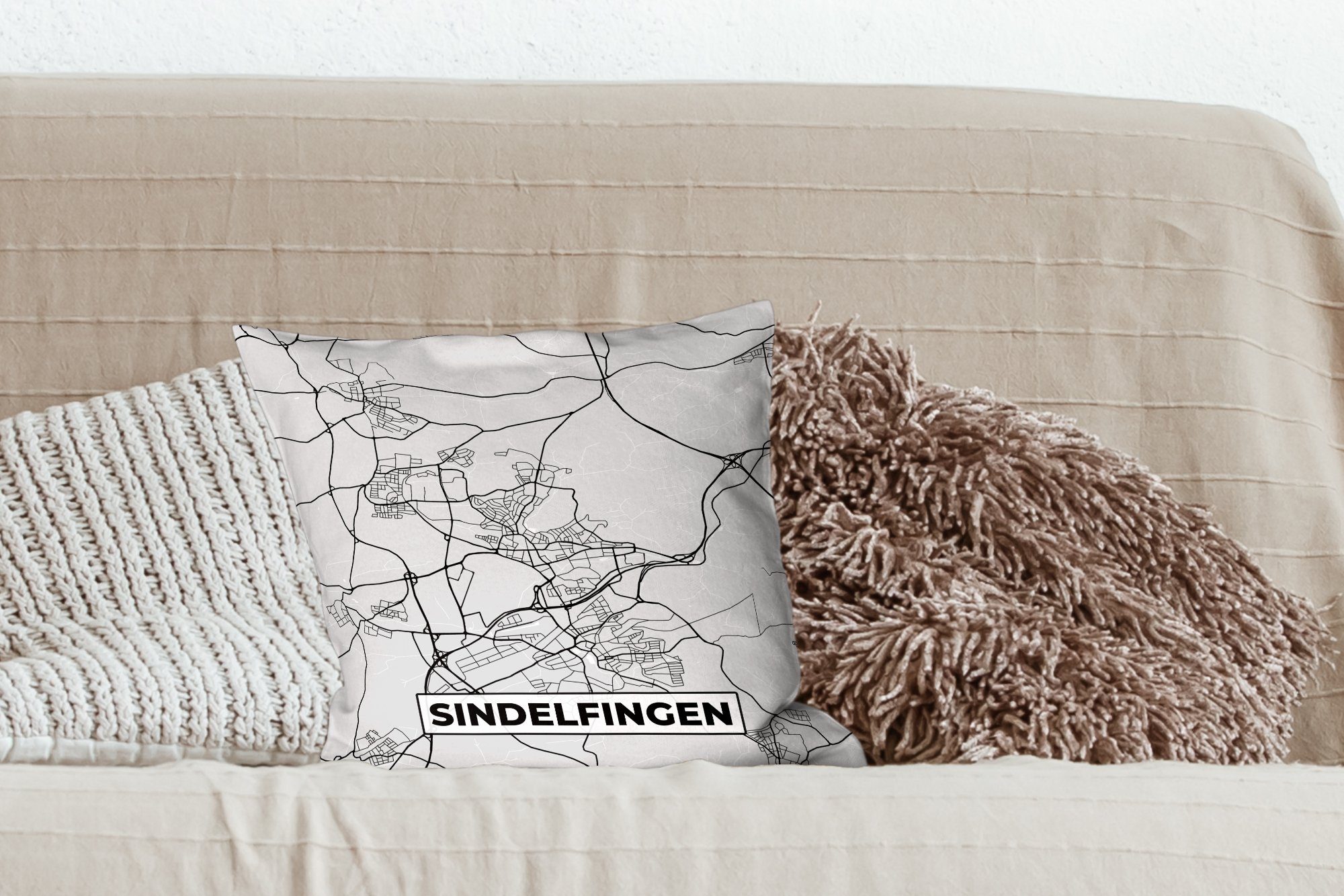 Schlafzimmer, Sindelfingen Dekokissen mit Wohzimmer, Deutschland - für - - Karte, MuchoWow - Stadtplan Karte Deko, Füllung Sofakissen Zierkissen