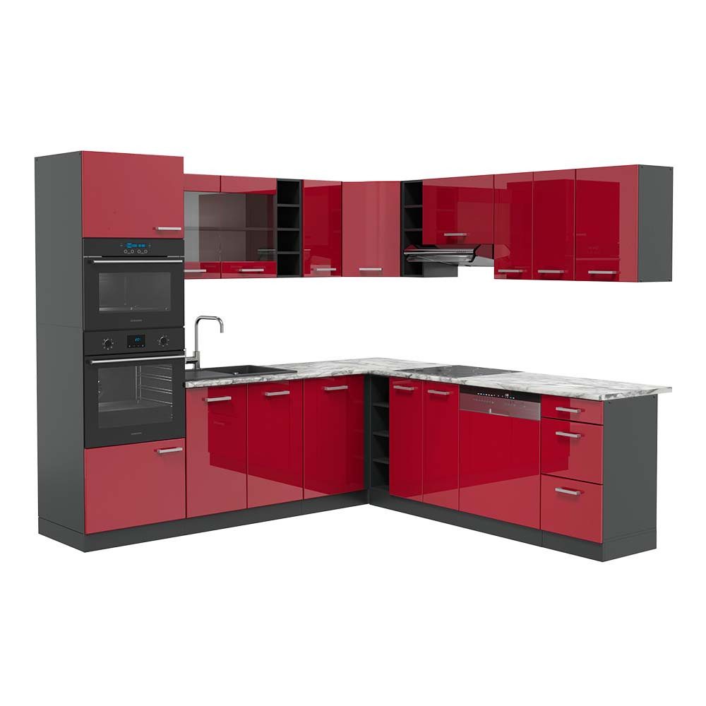Vicco Winkelküche R-Line, Rot Hochglanz/Anthrazit/Anthrazit, 247 x 60 cm, AP Marmor